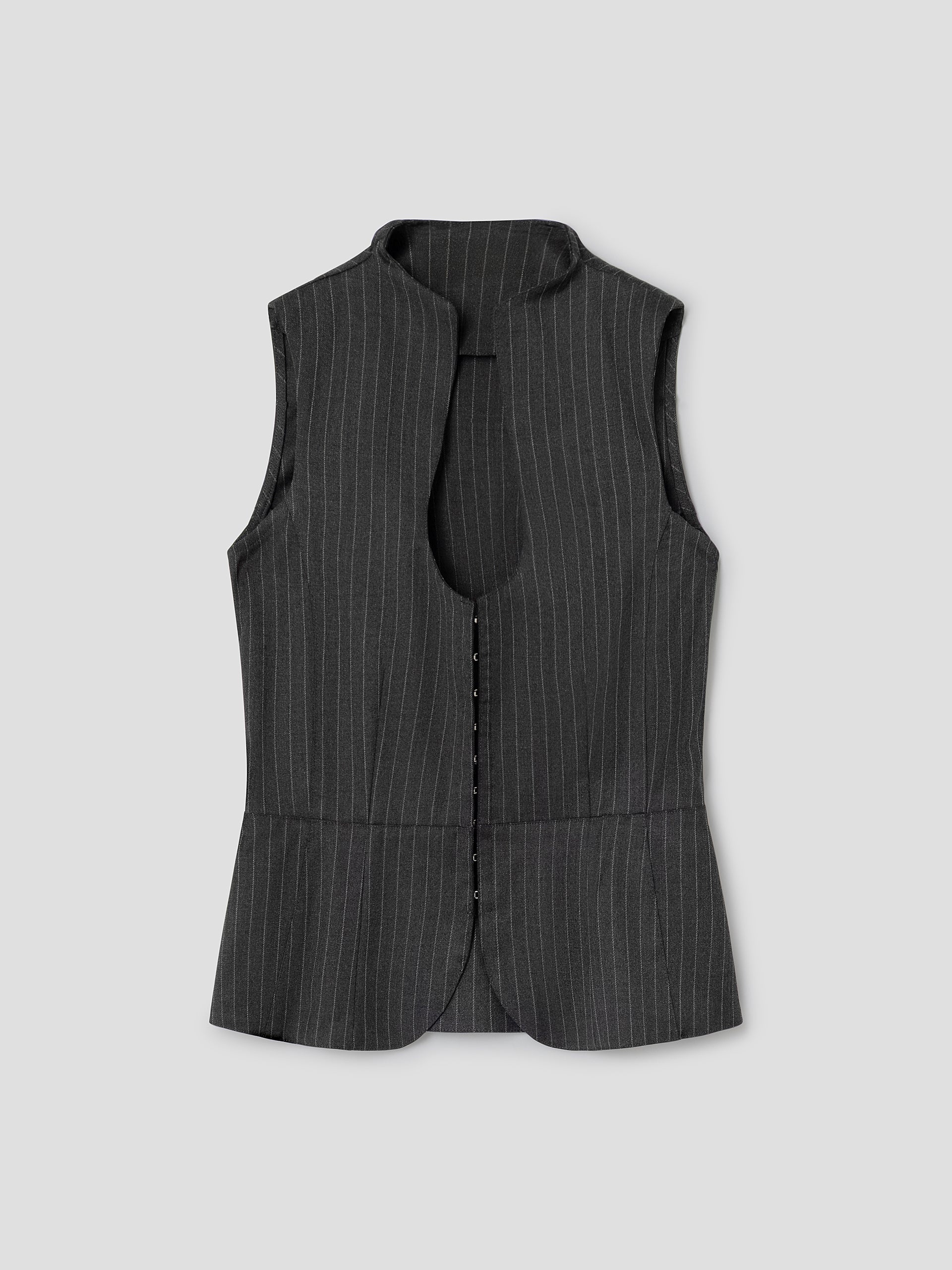 Structured grey pinstripe sleeveless top with curved neckline