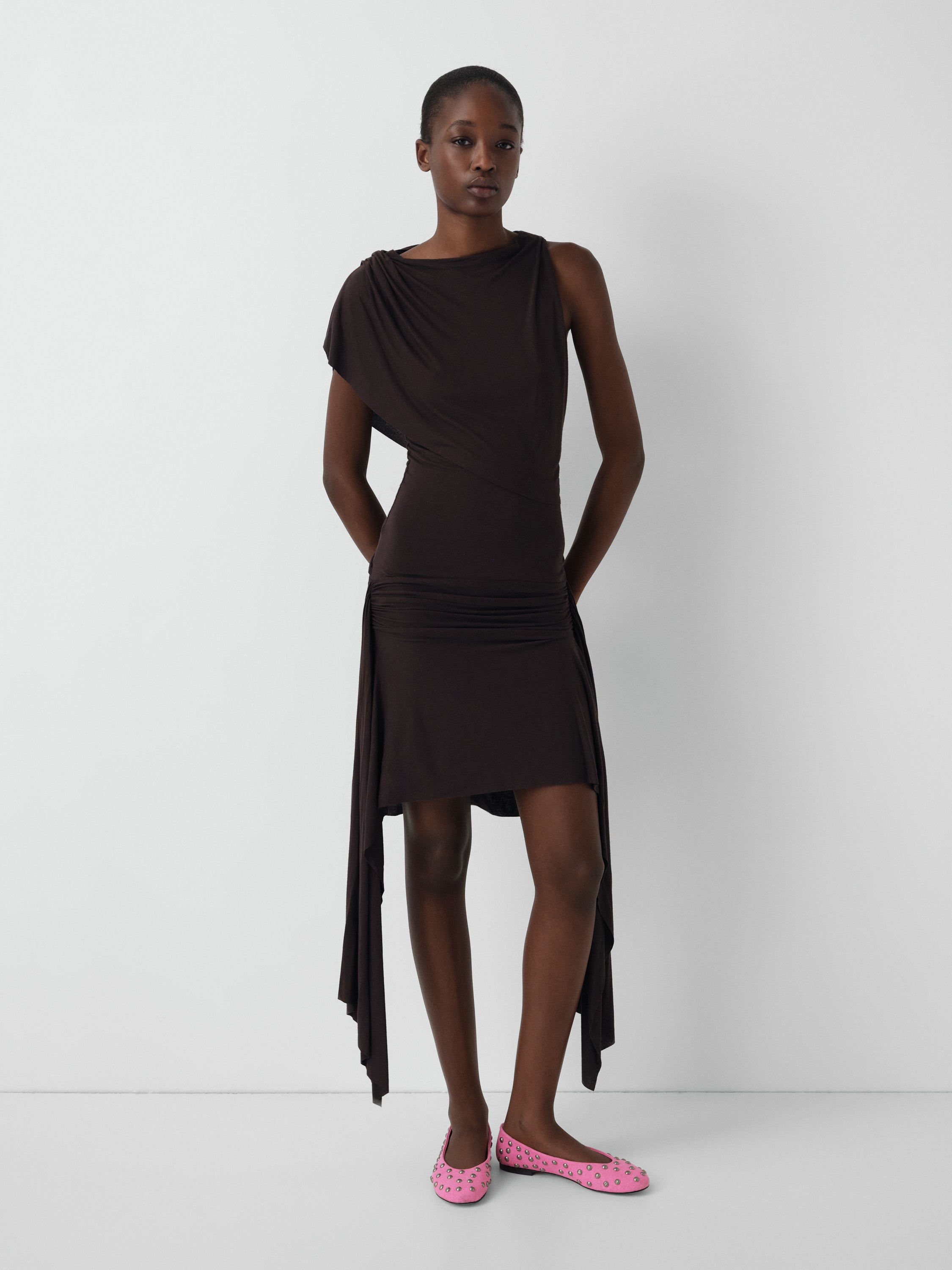 Brown Asymmetrical One-Shoulder Midi Dress for Women Gimaguas Brown Asymmetrical One-Shoulder Midi Dress for Women Gimaguas
