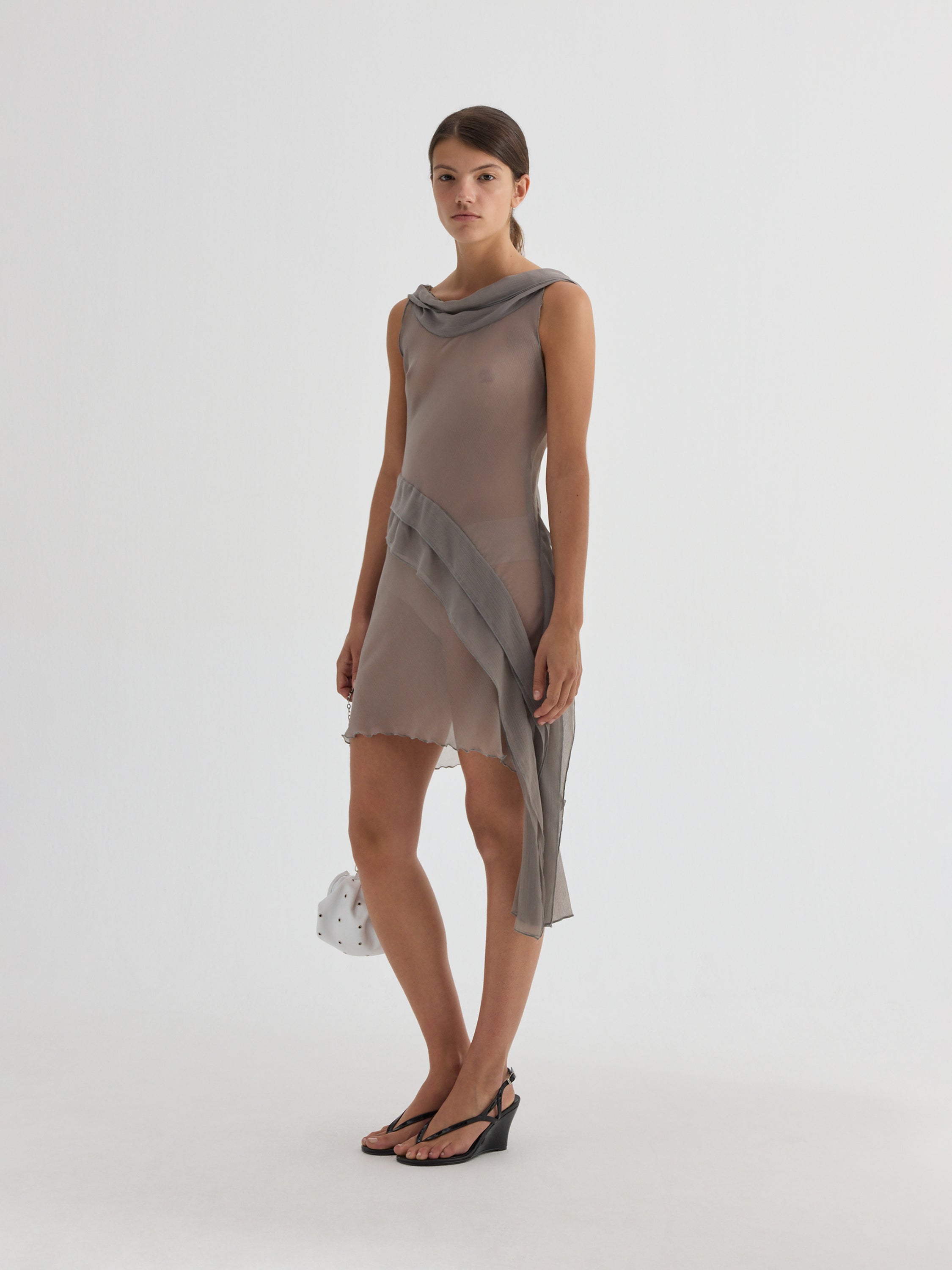 Grey semi-sheer mini dress with draped ruffle detail – Gimaguas
