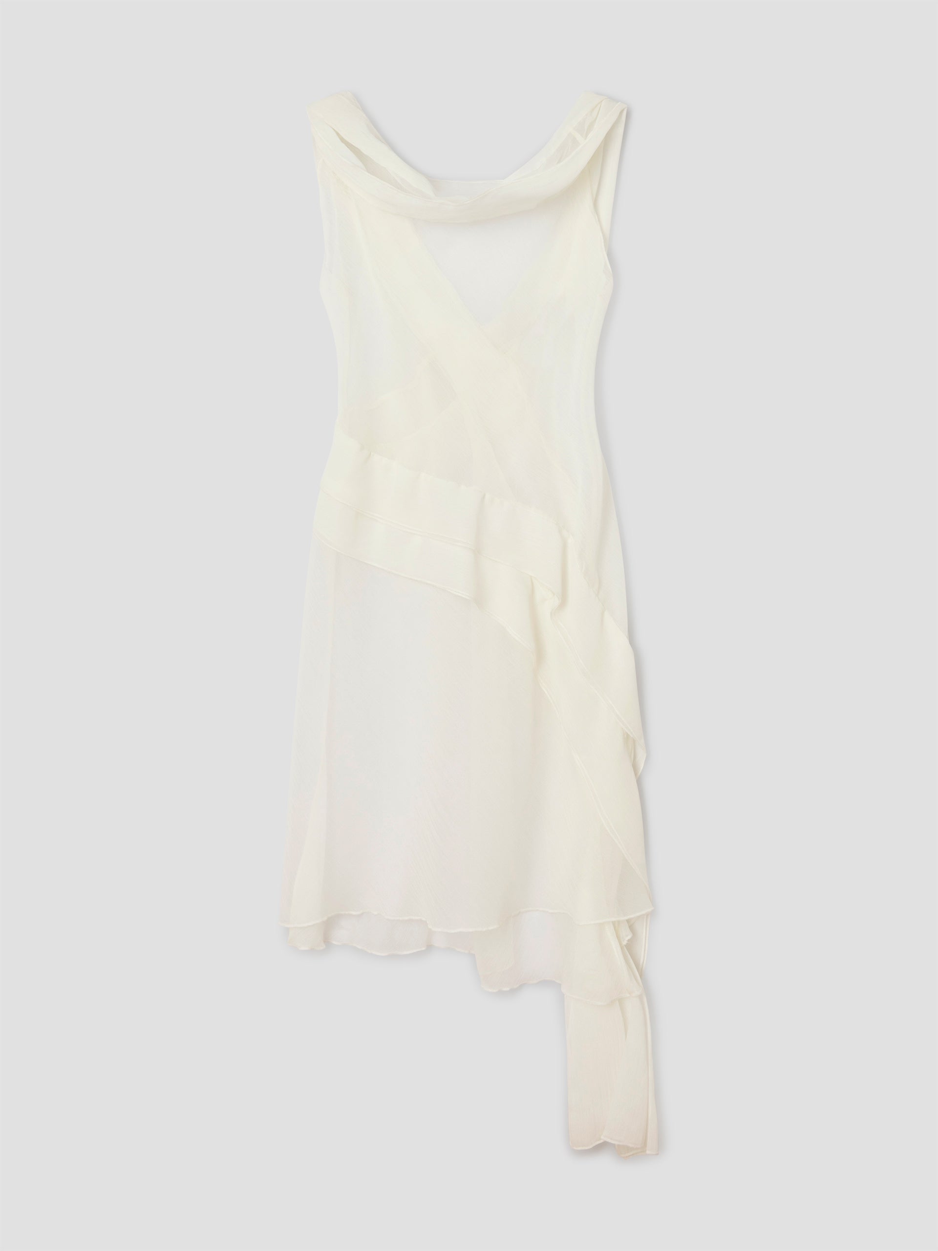 White semi-sheer mini dress with draped ruffle detail  Gimaguas