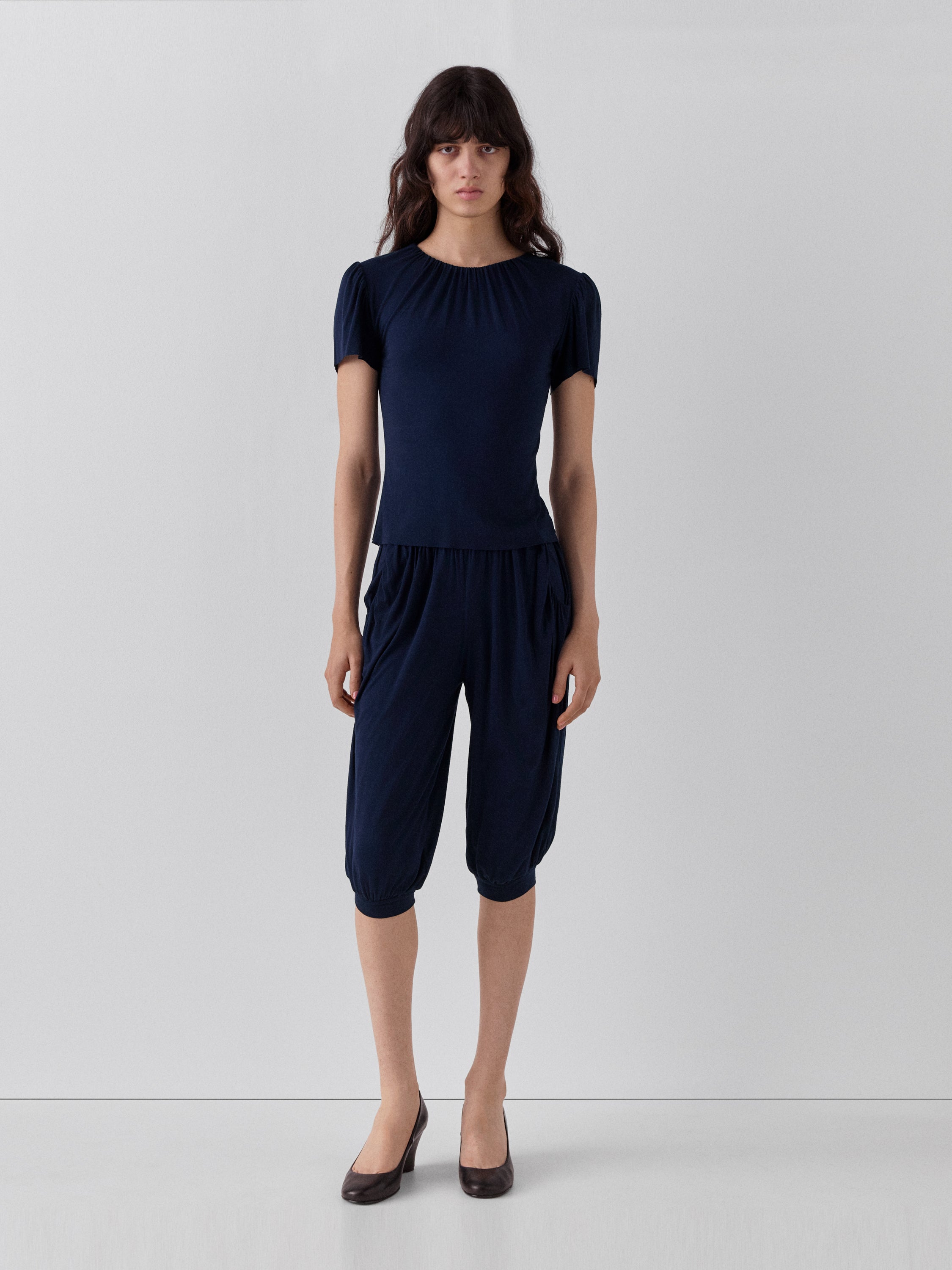 Blue Viscose Jersey Top with Gathered Neckline | Gimaguas
