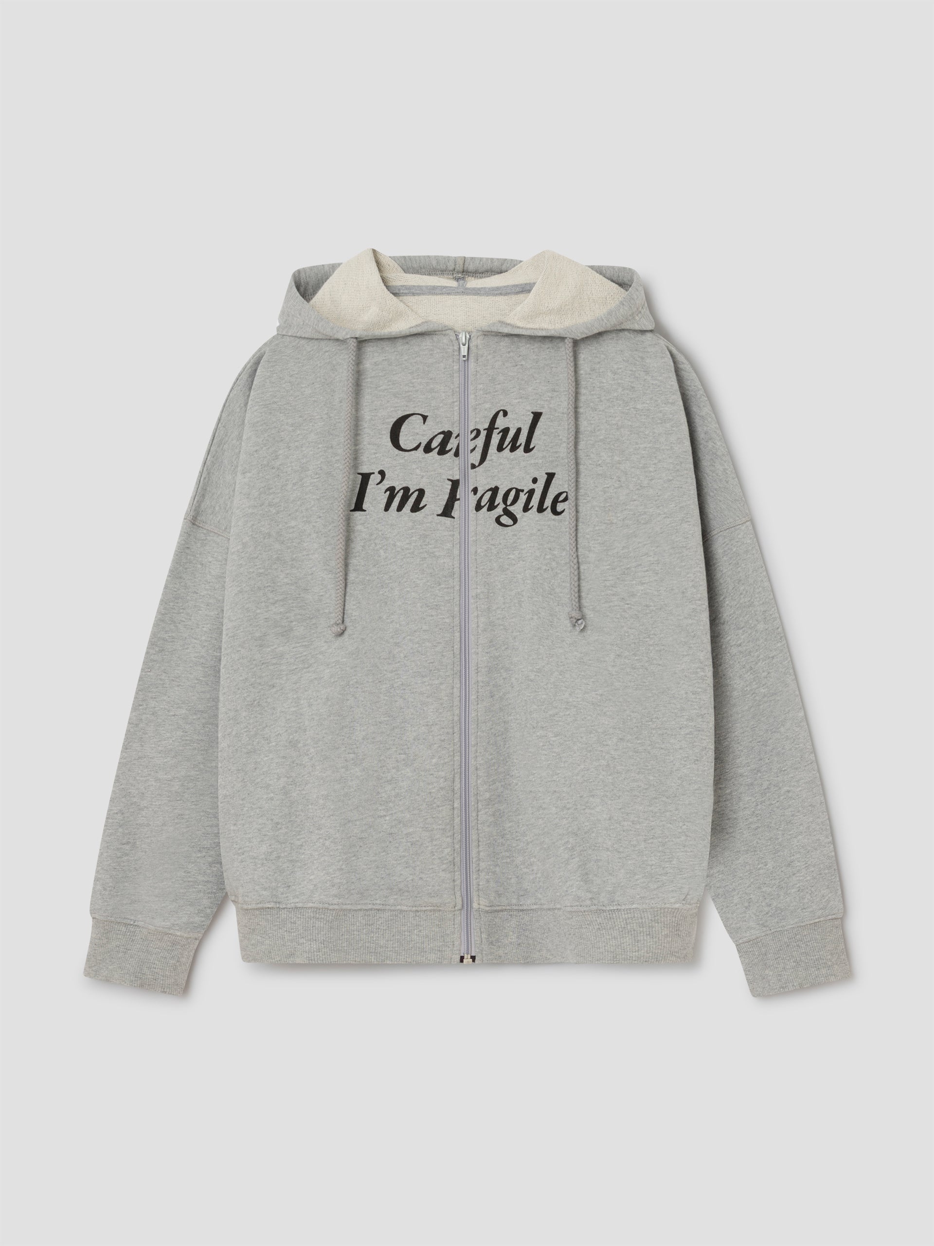 Grey melange zip-up hoodie with text print Unisex – Gimaguas