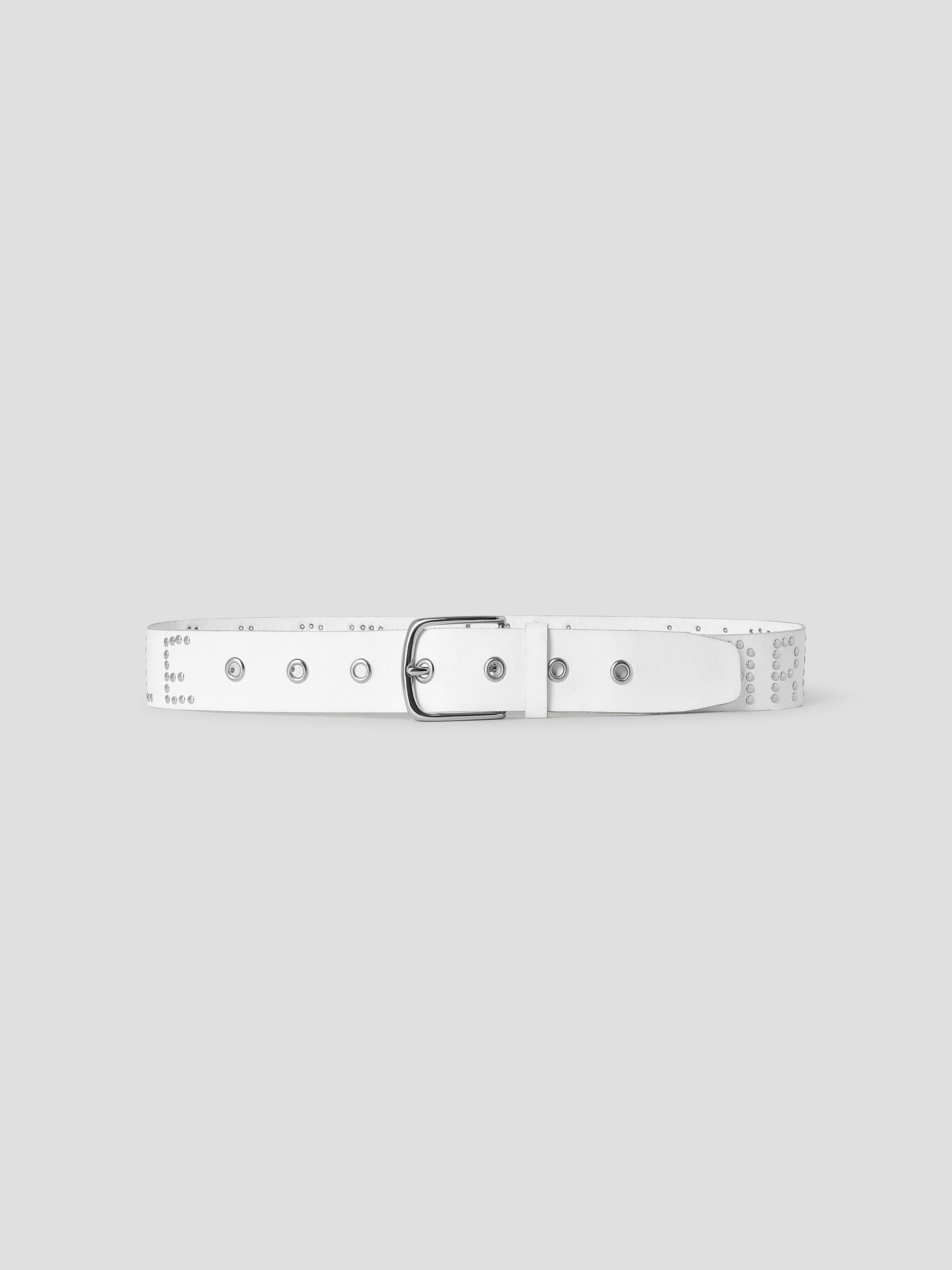White leather belt with “Careful, I'm fragile” silver studs – Gimaguas
