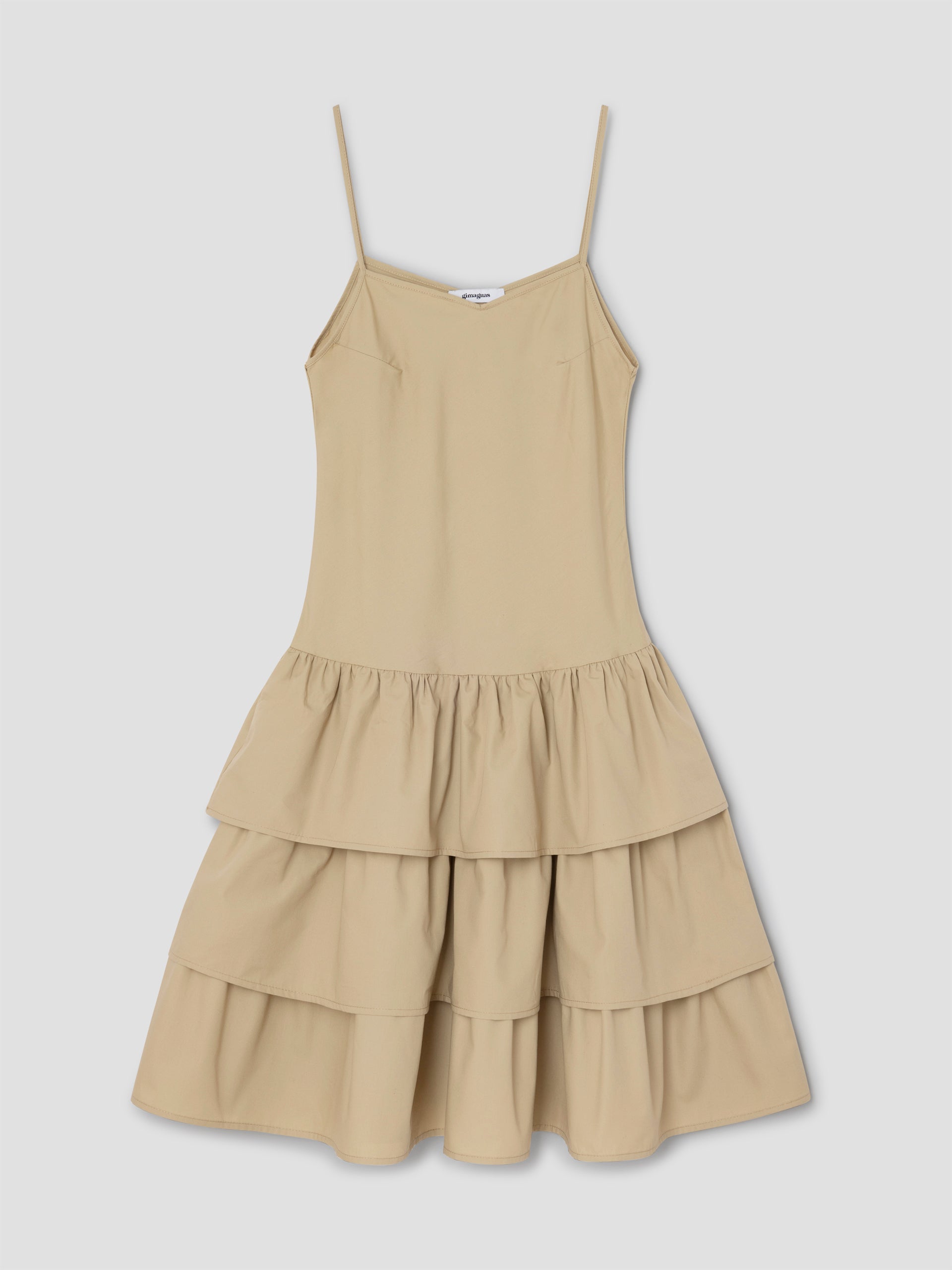 Beige midi dress for women with fitted top and ruffled skirt – Gimaguas