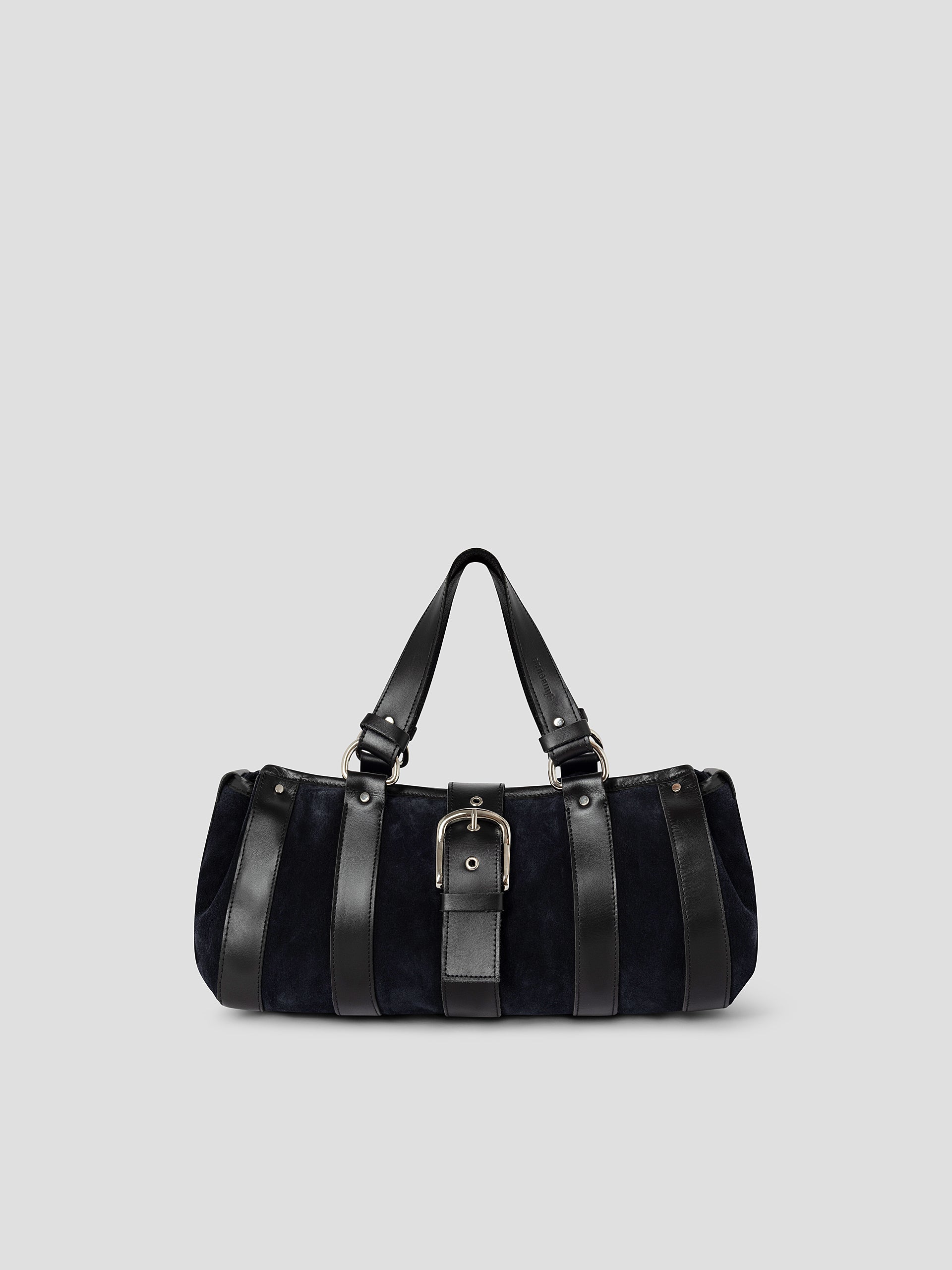 Women's navy suede shoulder bag with black leather straps – Gimaguas