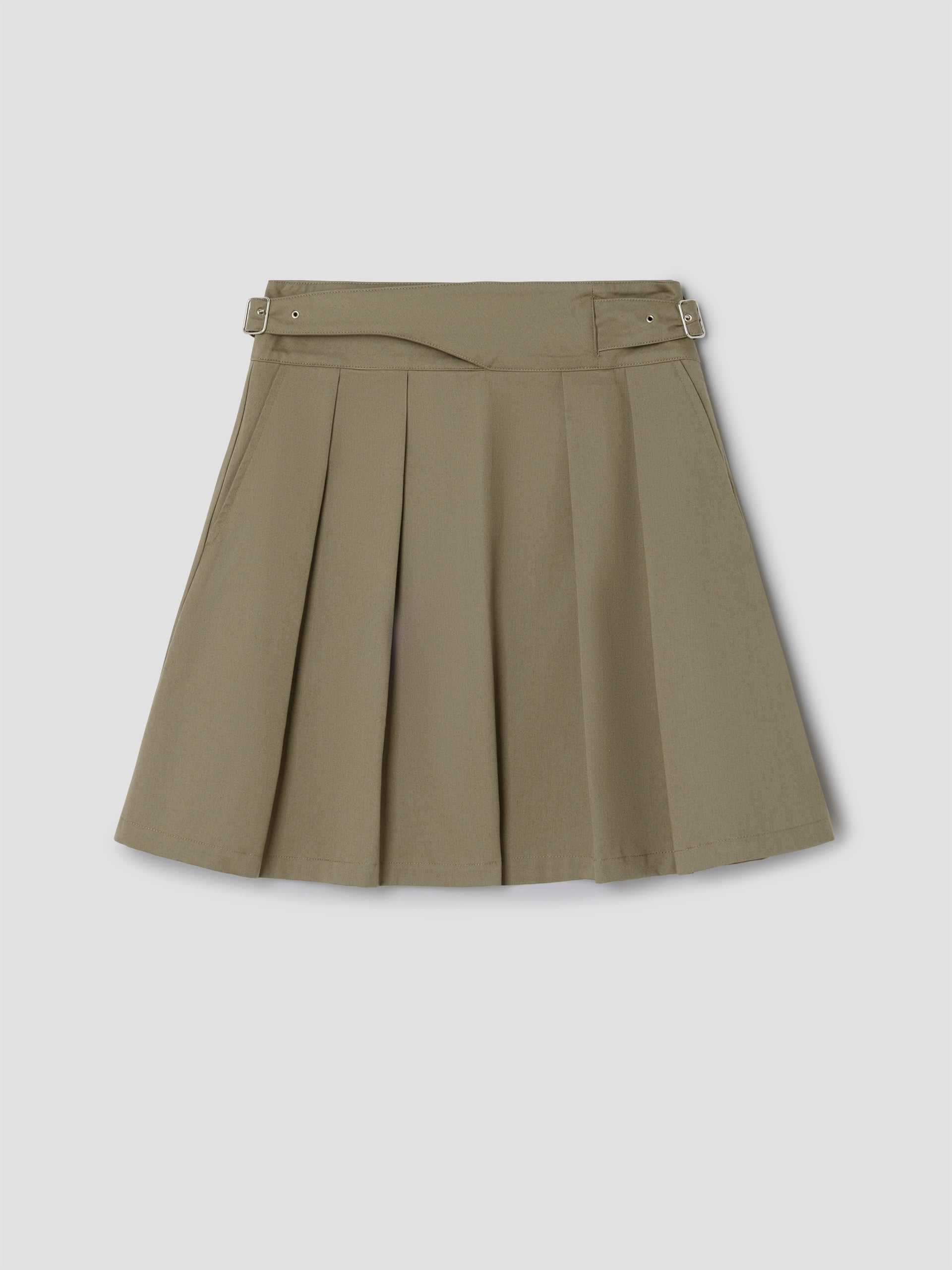 Light khaki A-line midi skirt with silver belt detail - Gimaguas