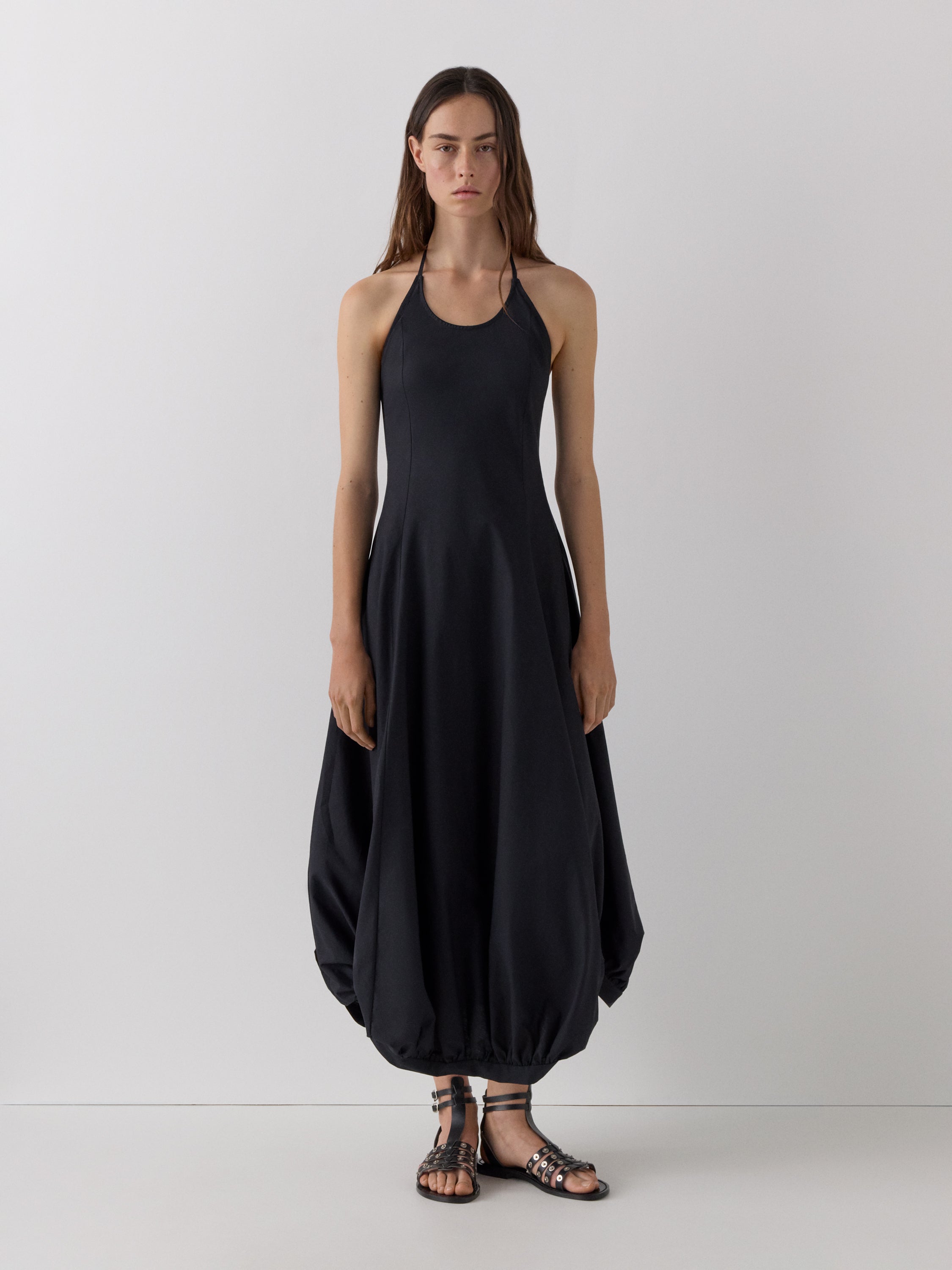 black halter neck maxi dress Cotton with Balloon Skirt Rhinestones Nude Strapless V-Neck it turns heads from Size:85 look-effie-long-sleeve-mini-dress-white