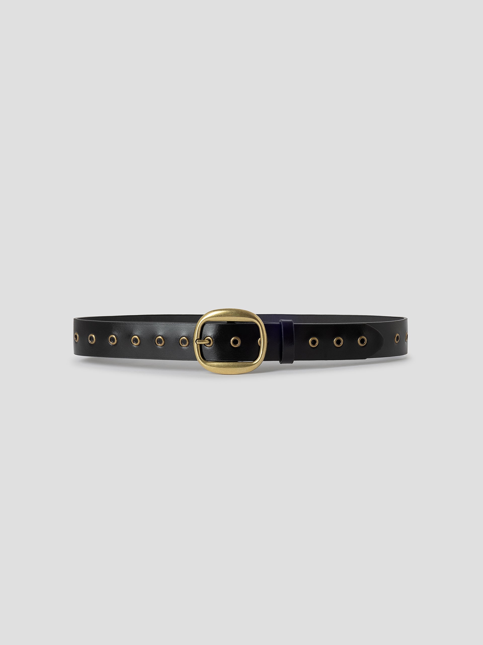 Black Leather Belt with Gold-Toned Buckle and Eyelets – Gimaguas