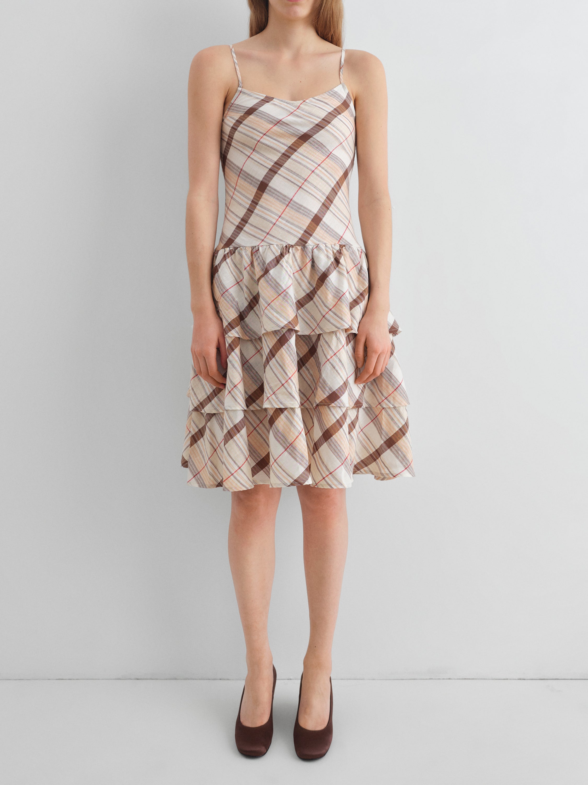 Beige checkered midi dress for women with tiered ruffled skirt