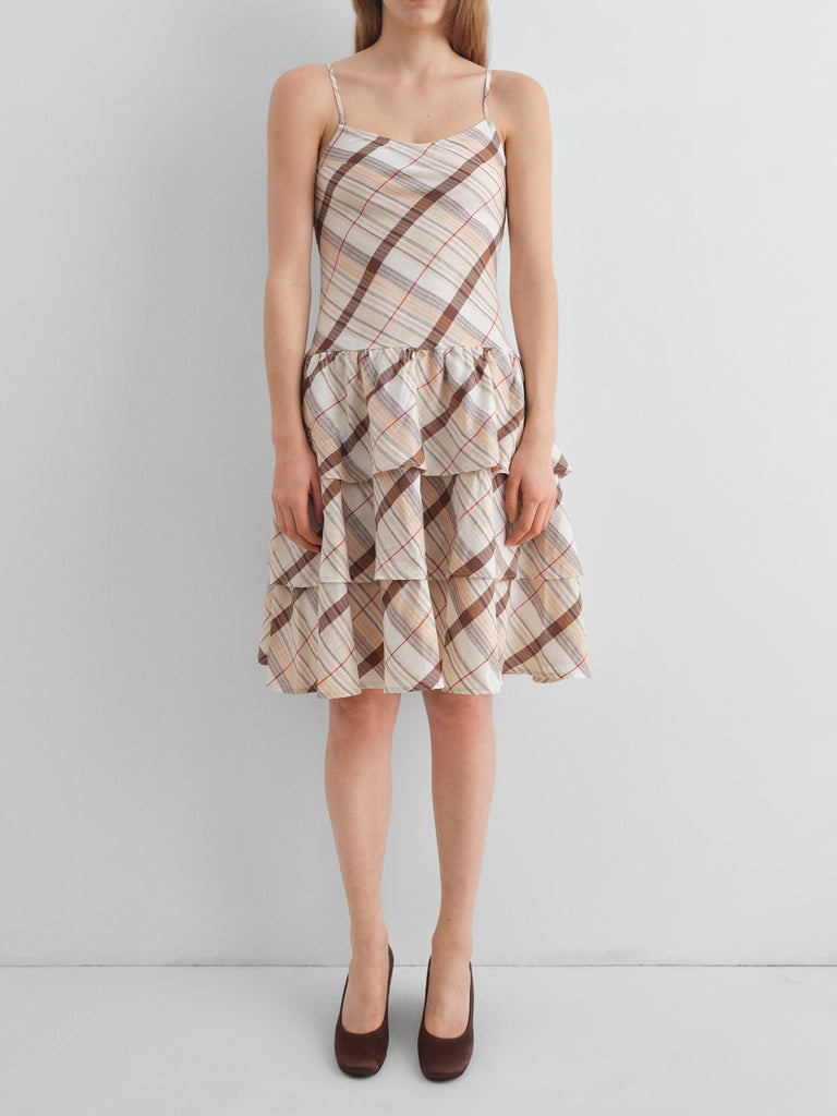 Beige checkered midi dress for women with tiered ruffled skirt – Gimaguas