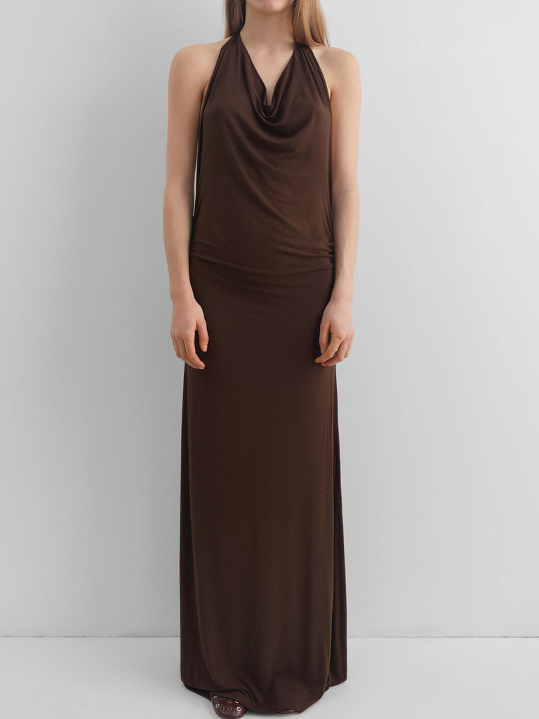 Dark chocolate halter maxi dress with draped neckline Gimaguas Dark chocolate halter maxi dress with draped neckline Gimaguas