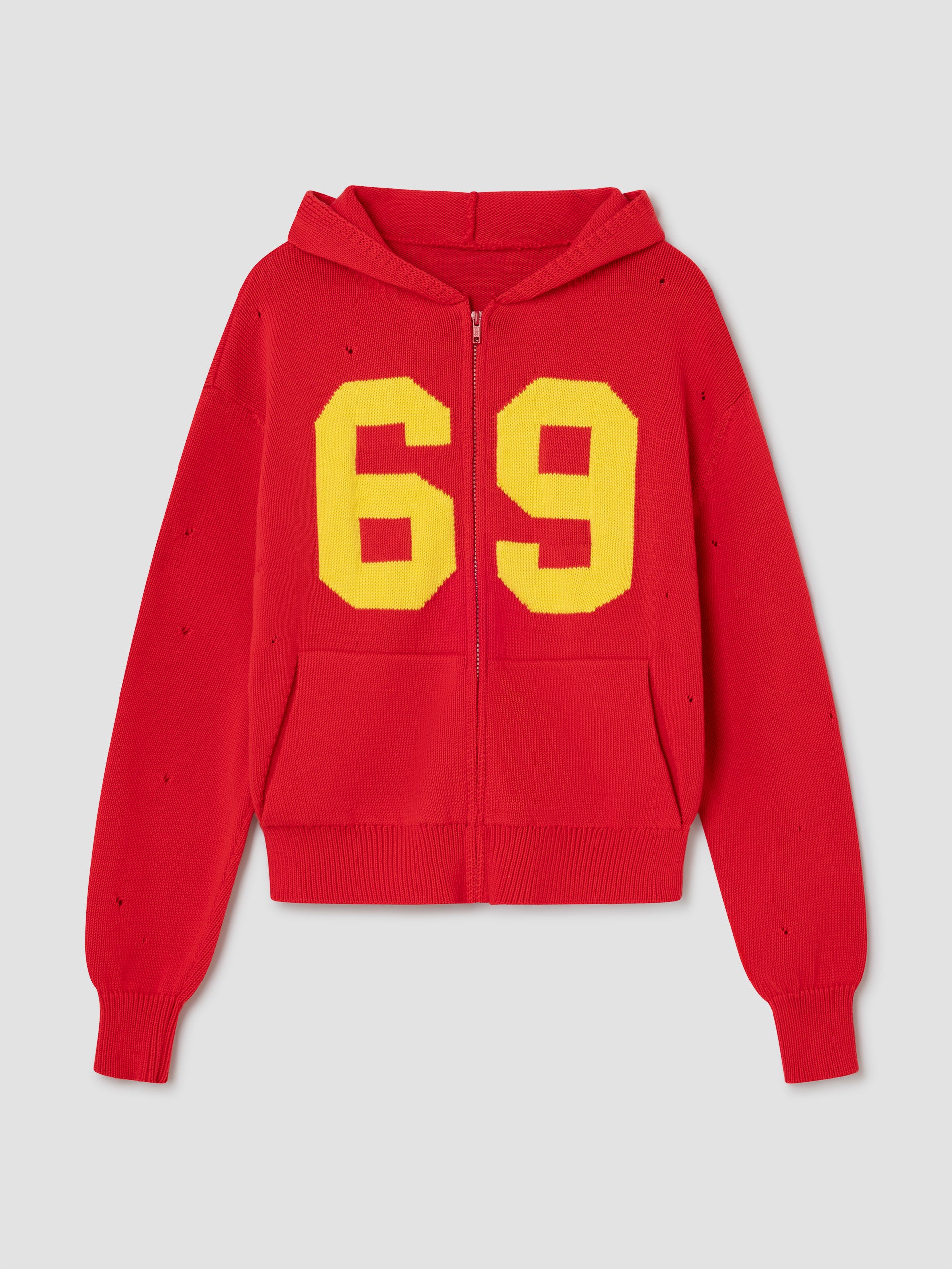 Unisex red knit hoodie jacket with “69” graphic – Gimaguas