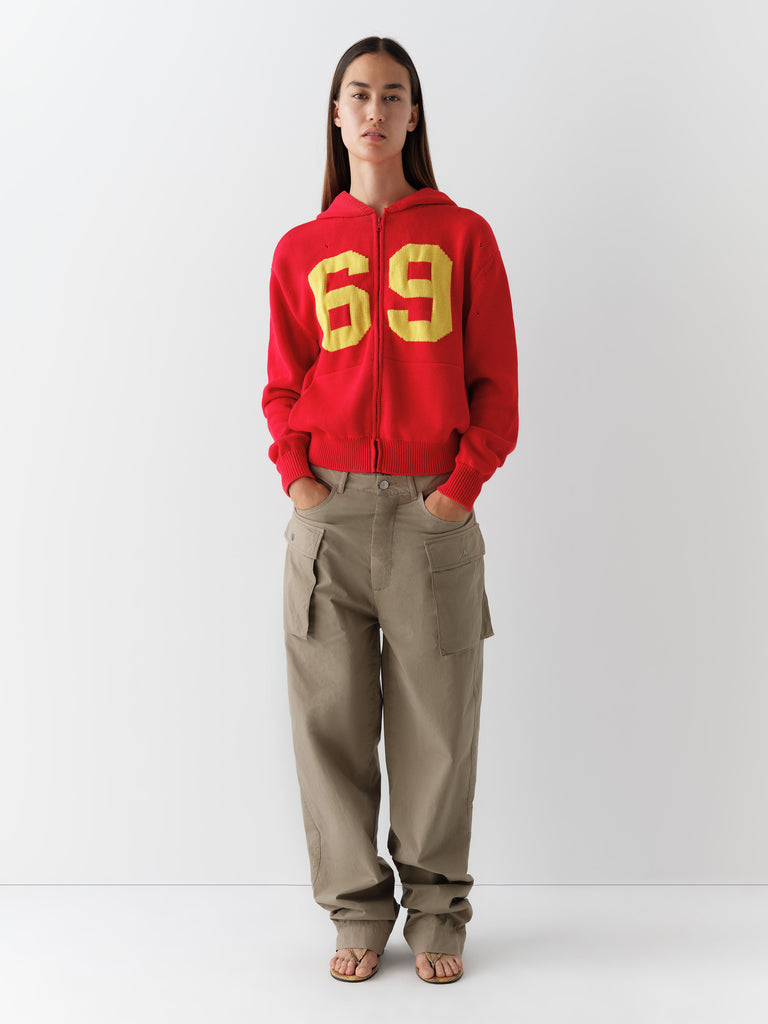 69 Jacket Unisex red knit hoodie jacket with “69” graphic – Gimaguas
