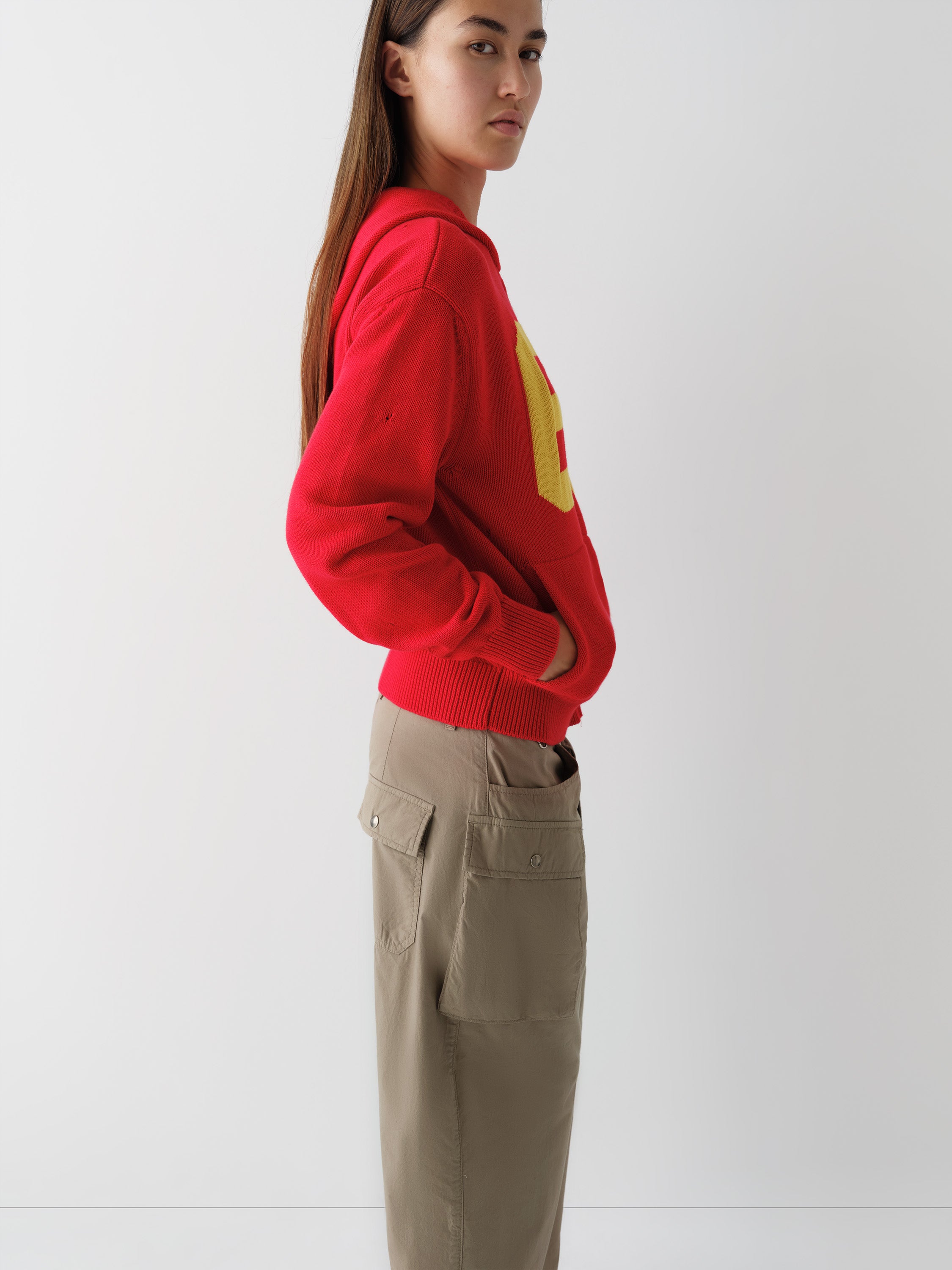 Unisex red knit hoodie jacket with “69” graphic – Gimaguas