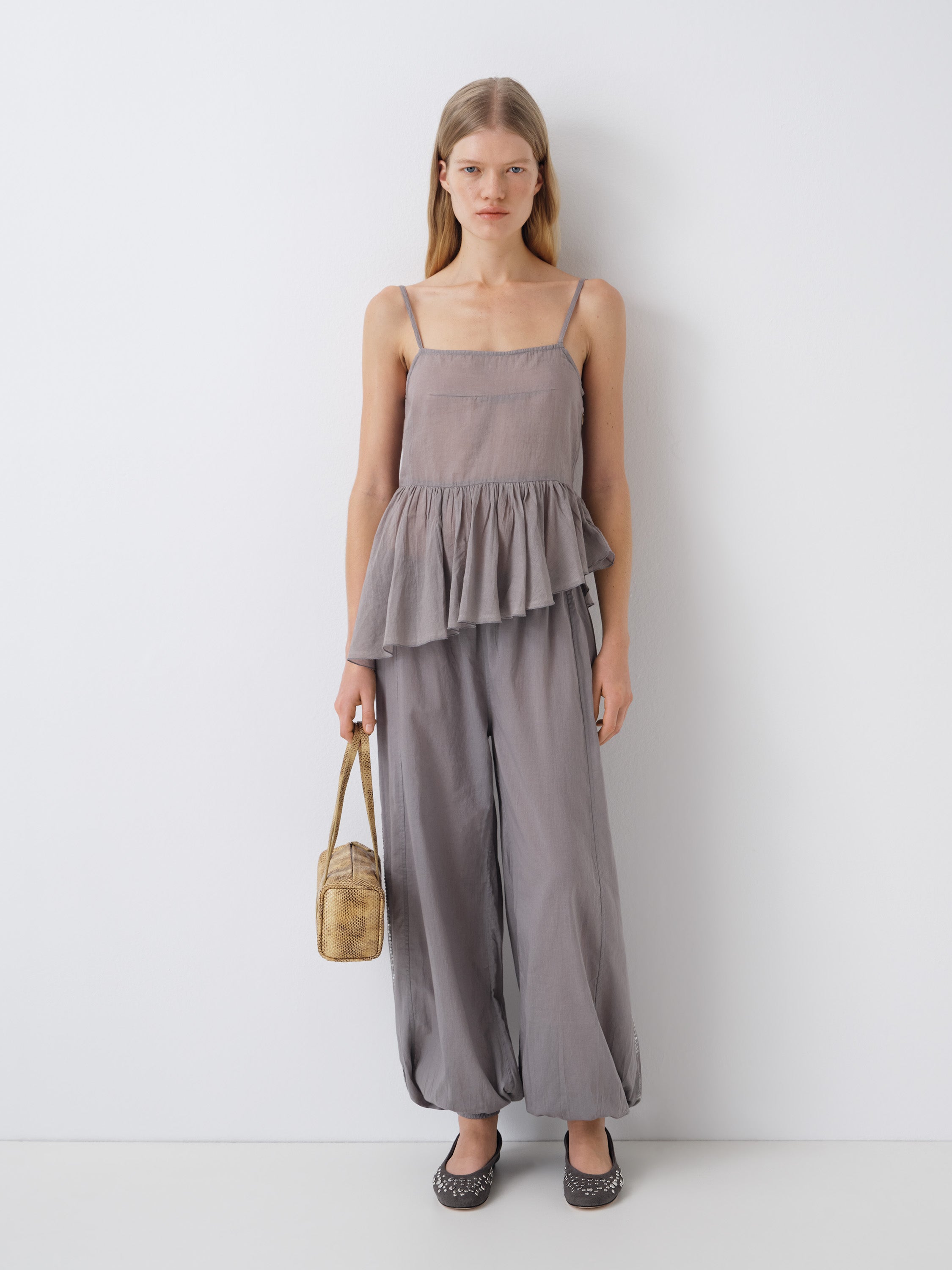 Grey Cotton Top with Asymmetric Ruffle Hem | Gimaguas