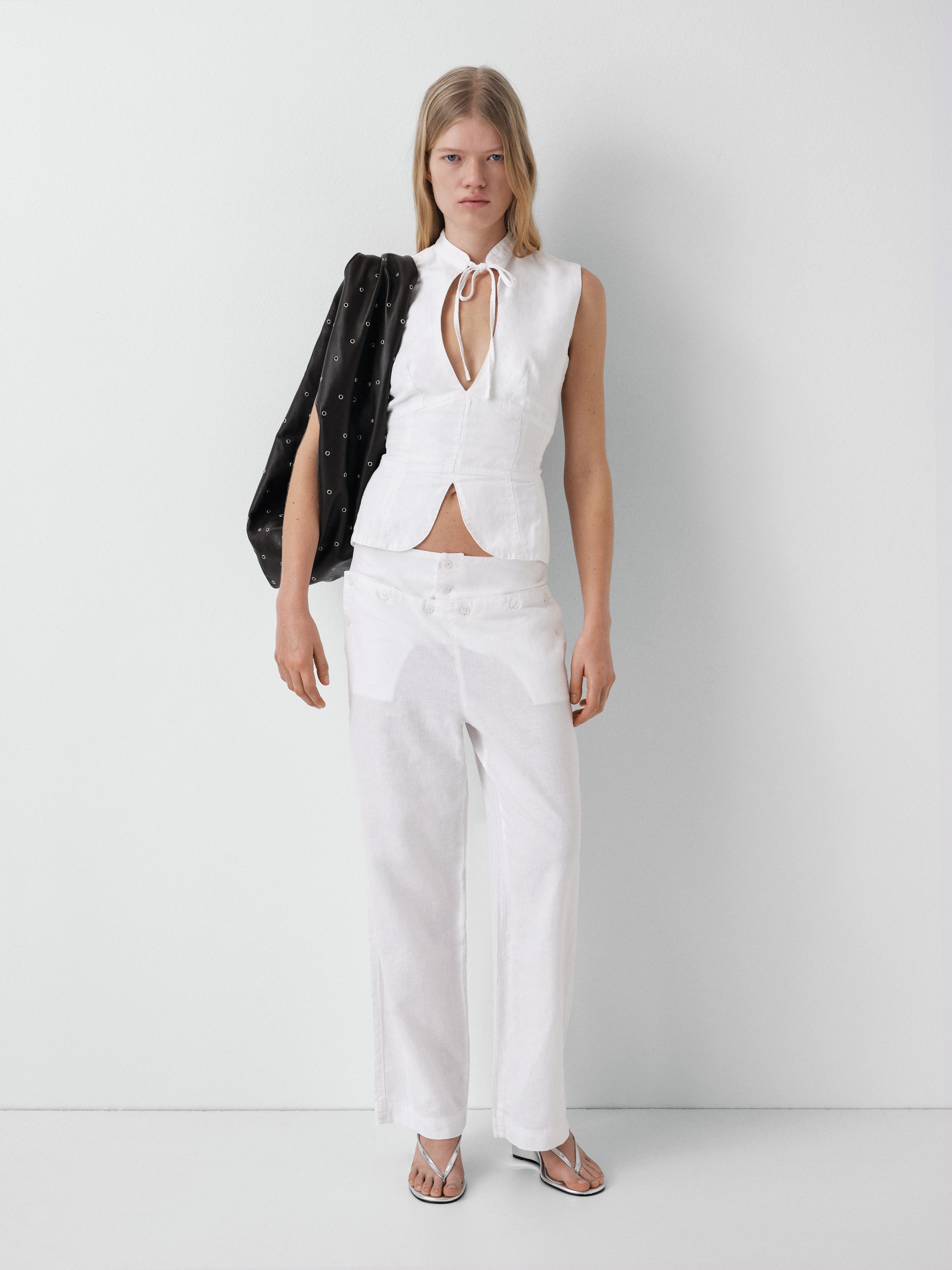 Women's off-white linen trousers with double waistband – Gimaguas