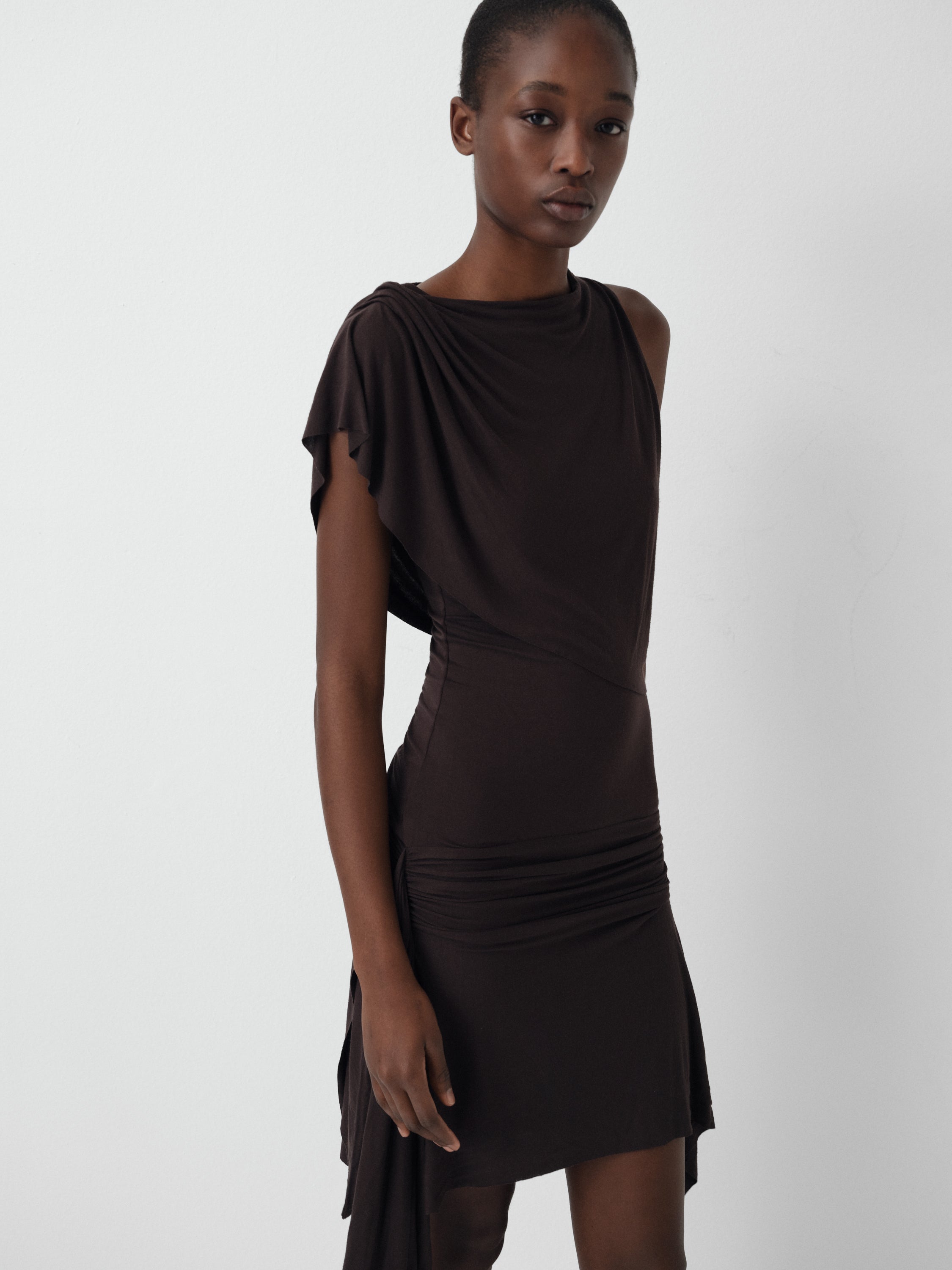 Brown Asymmetrical One-Shoulder Midi Dress for Women – Gimaguas