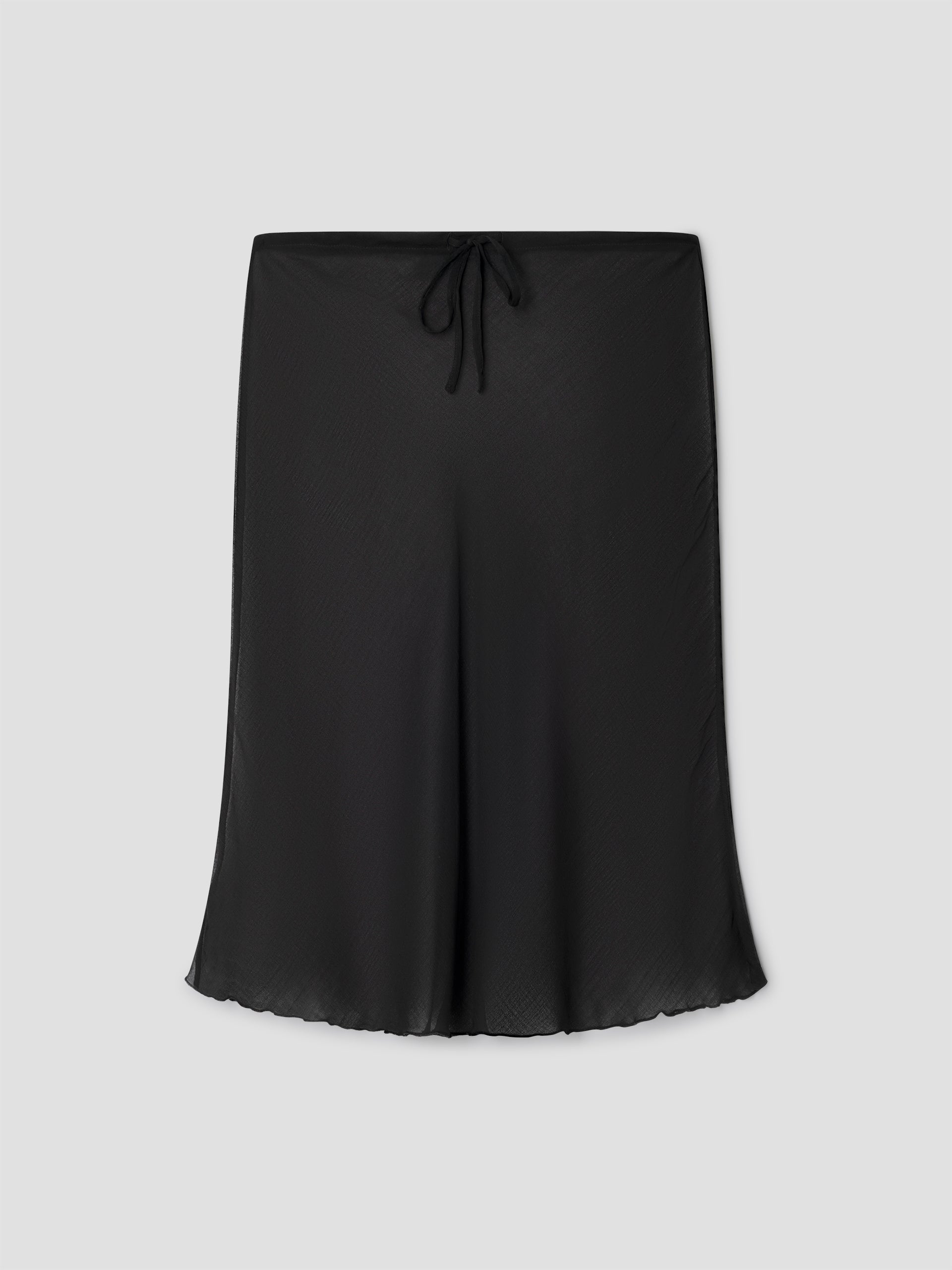 Black semi-sheer midi skirt for women with lace front detail