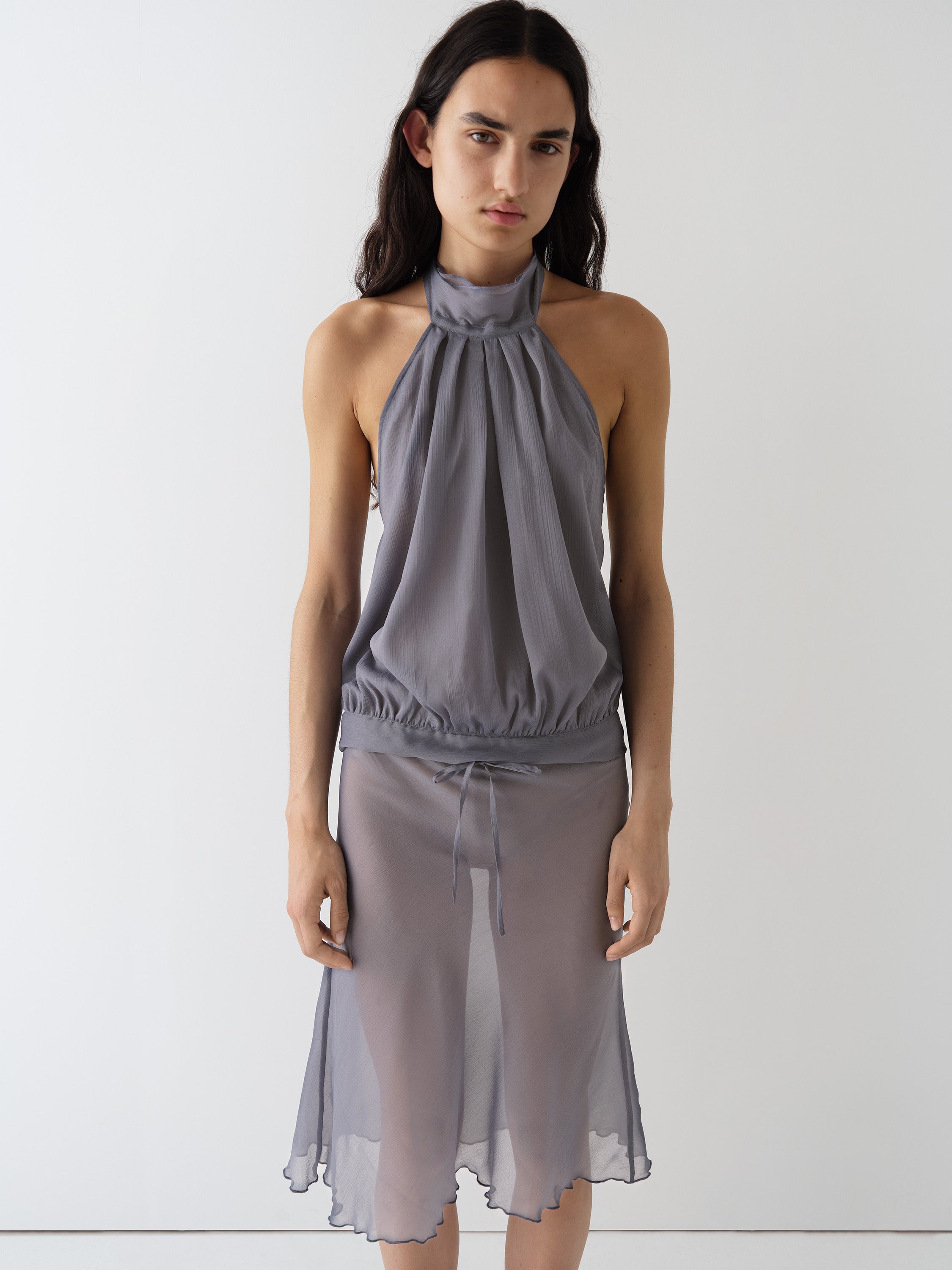 gimaguas スカート Grey semi-sheer midi skirt for women with lace detail – Gimaguas