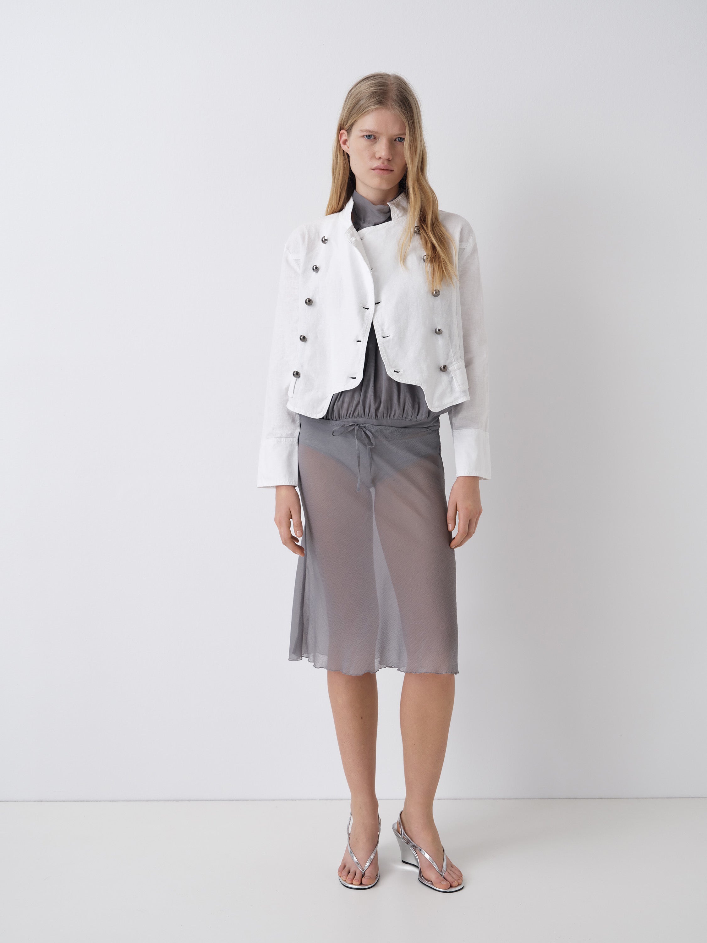 Grey semi-sheer midi skirt for women with lace detail – Gimaguas