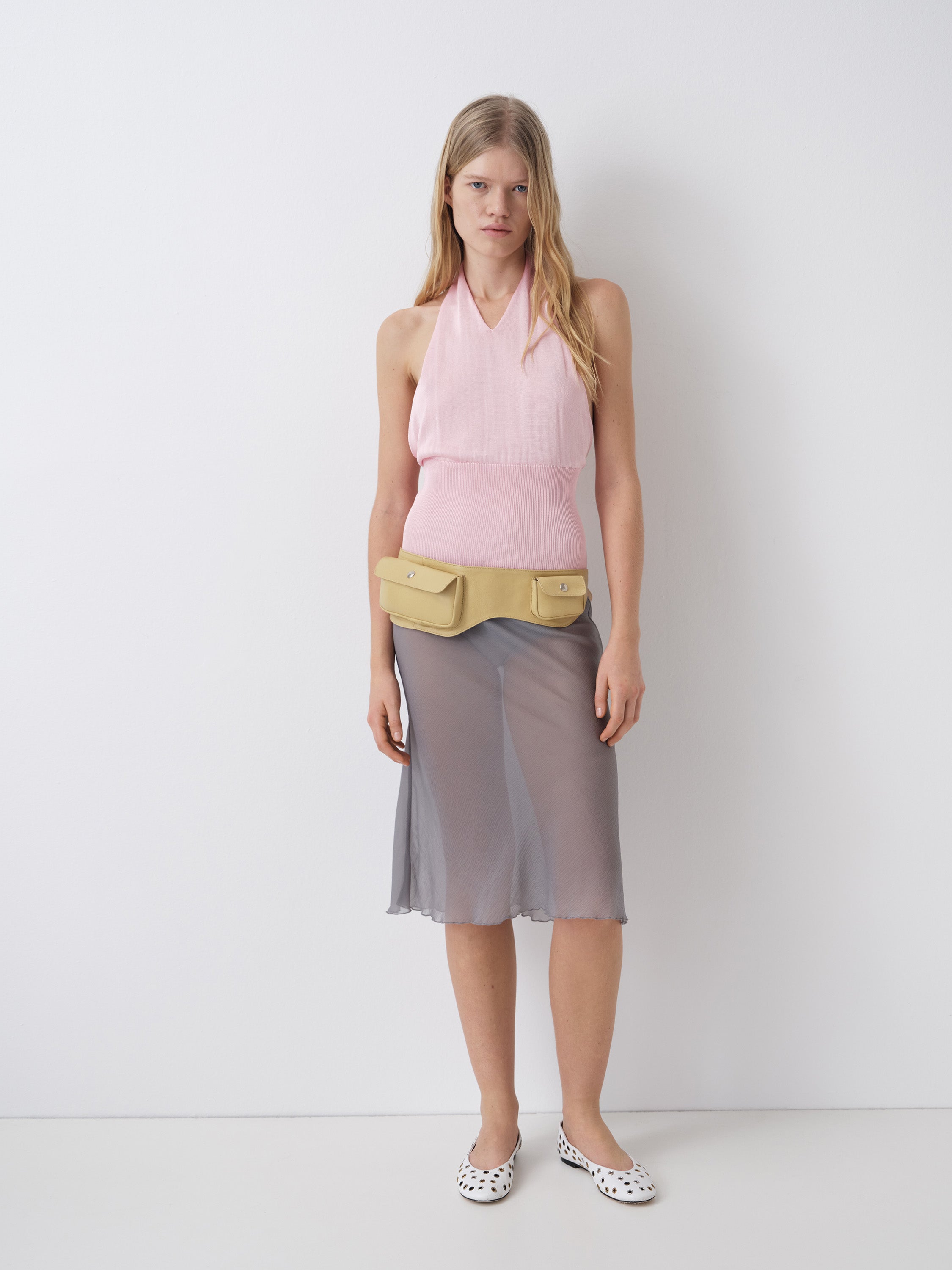 Grey semi-sheer midi skirt for women with lace detail – Gimaguas