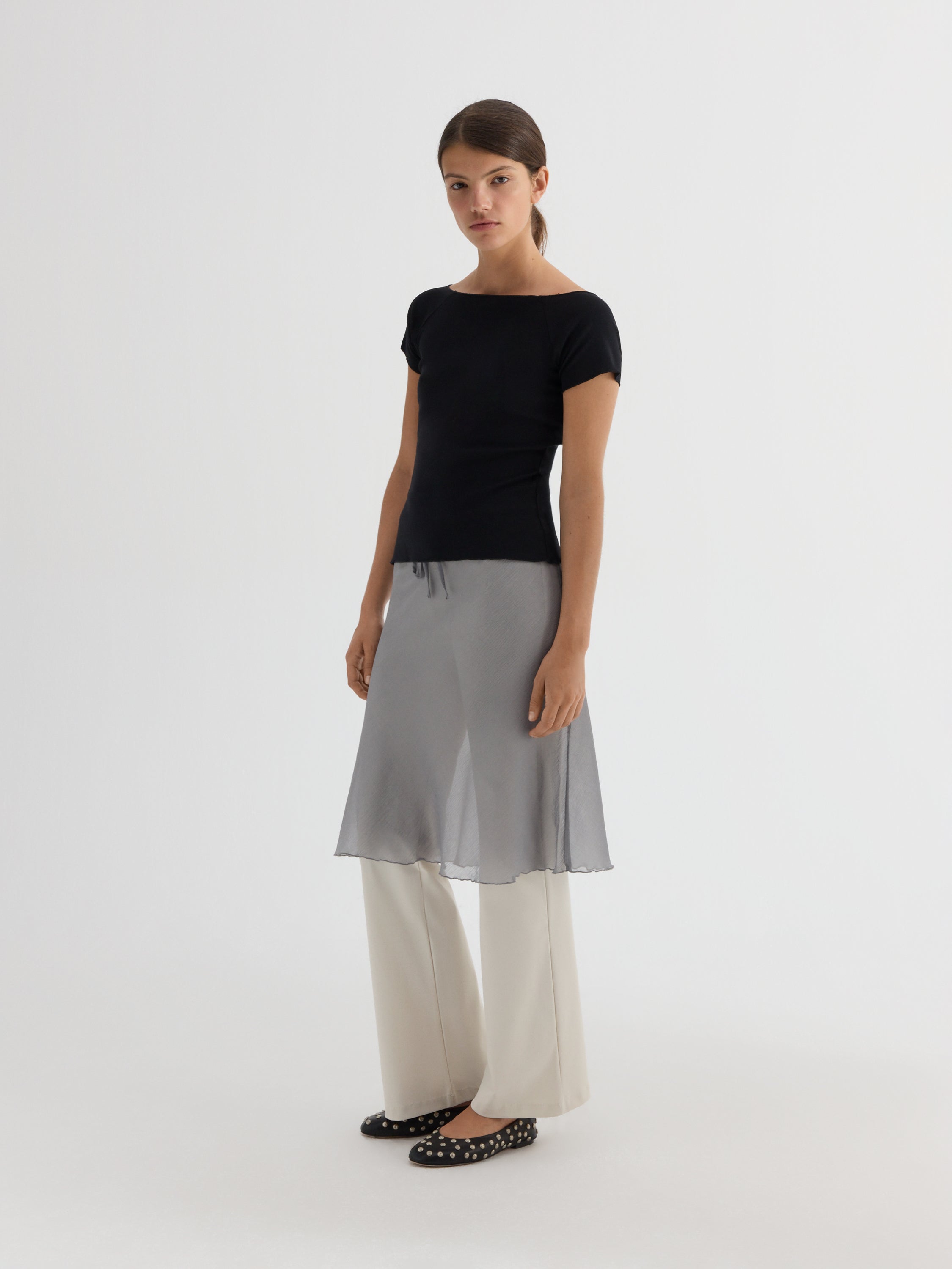 gimaguas スカート Grey semi-sheer midi skirt for women with lace detail – Gimaguas