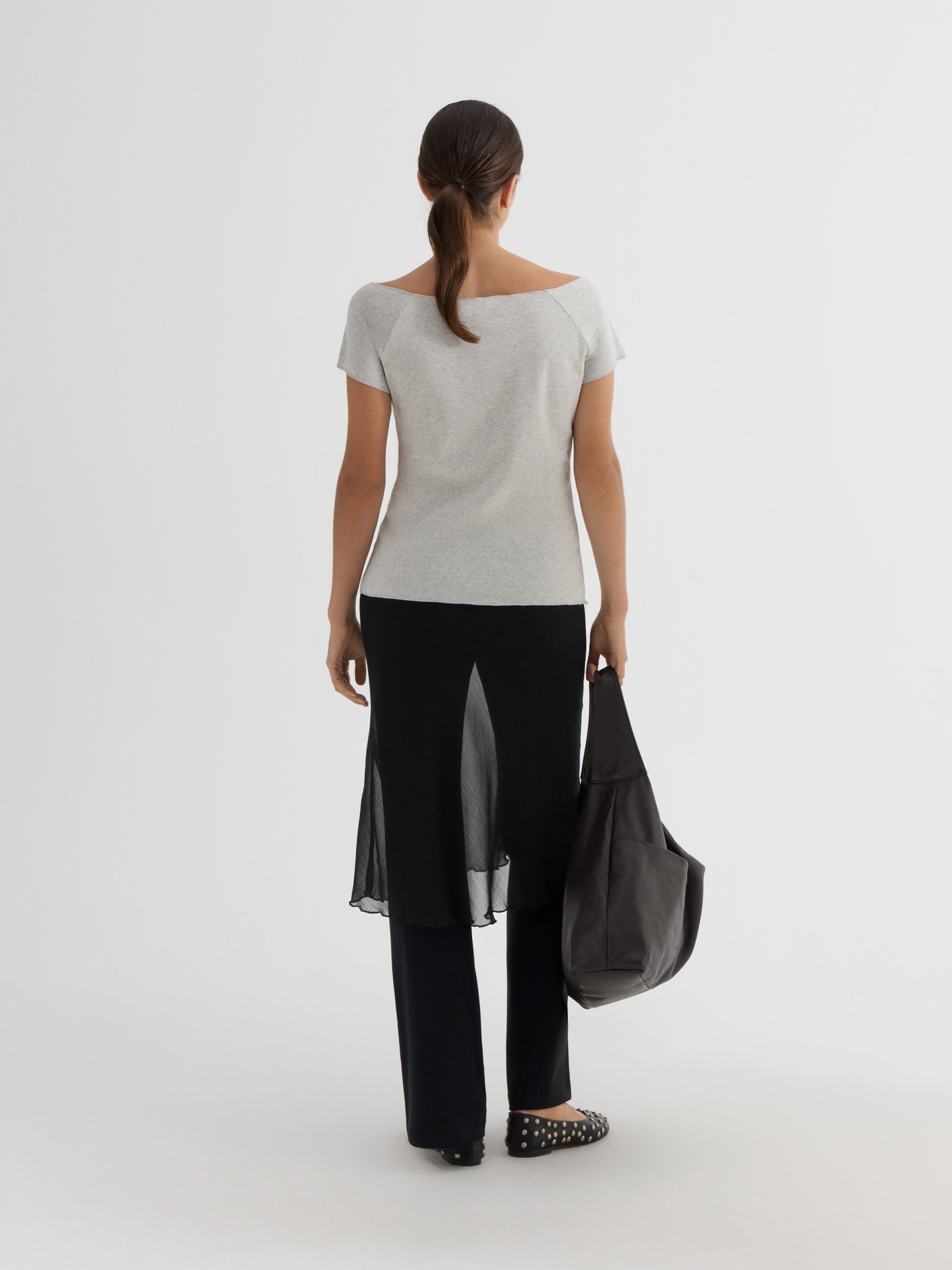 Black semi-sheer midi skirt for women with lace front detail