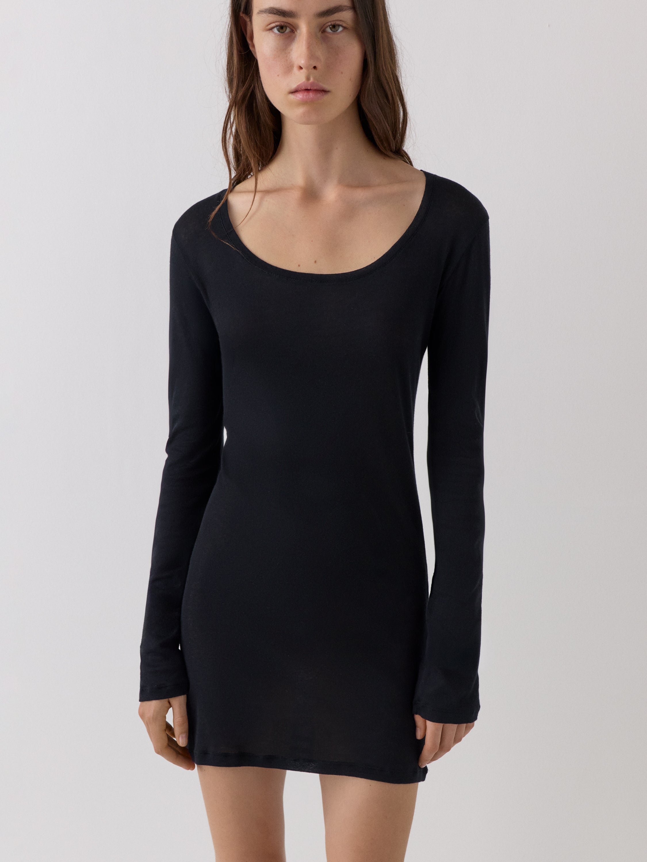 Black Cotton Jersey Mini Dress with Long Sleeves | Gimaguas