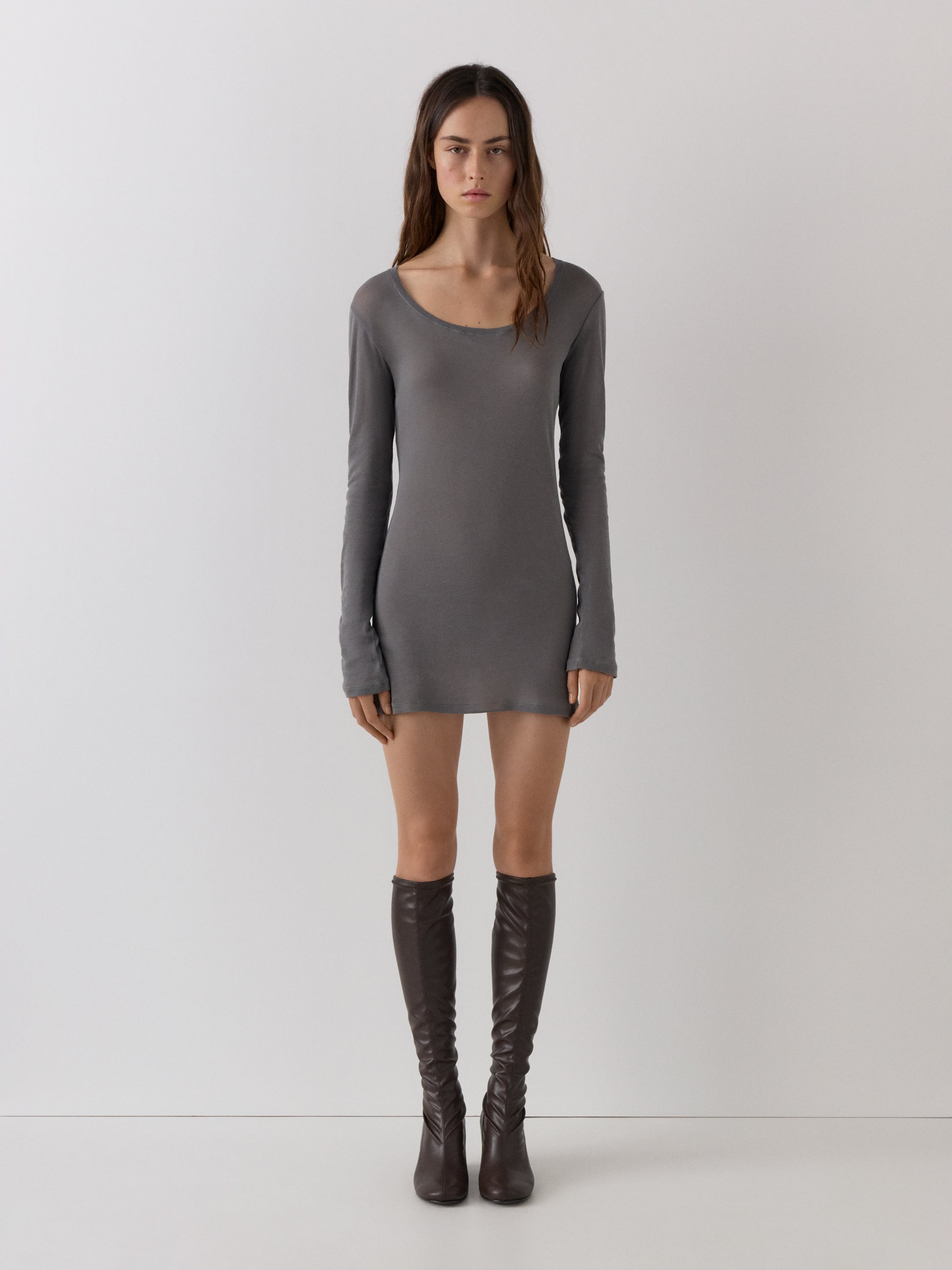 Grey Cotton Jersey Mini Dress with Long Sleeves | Gimaguas