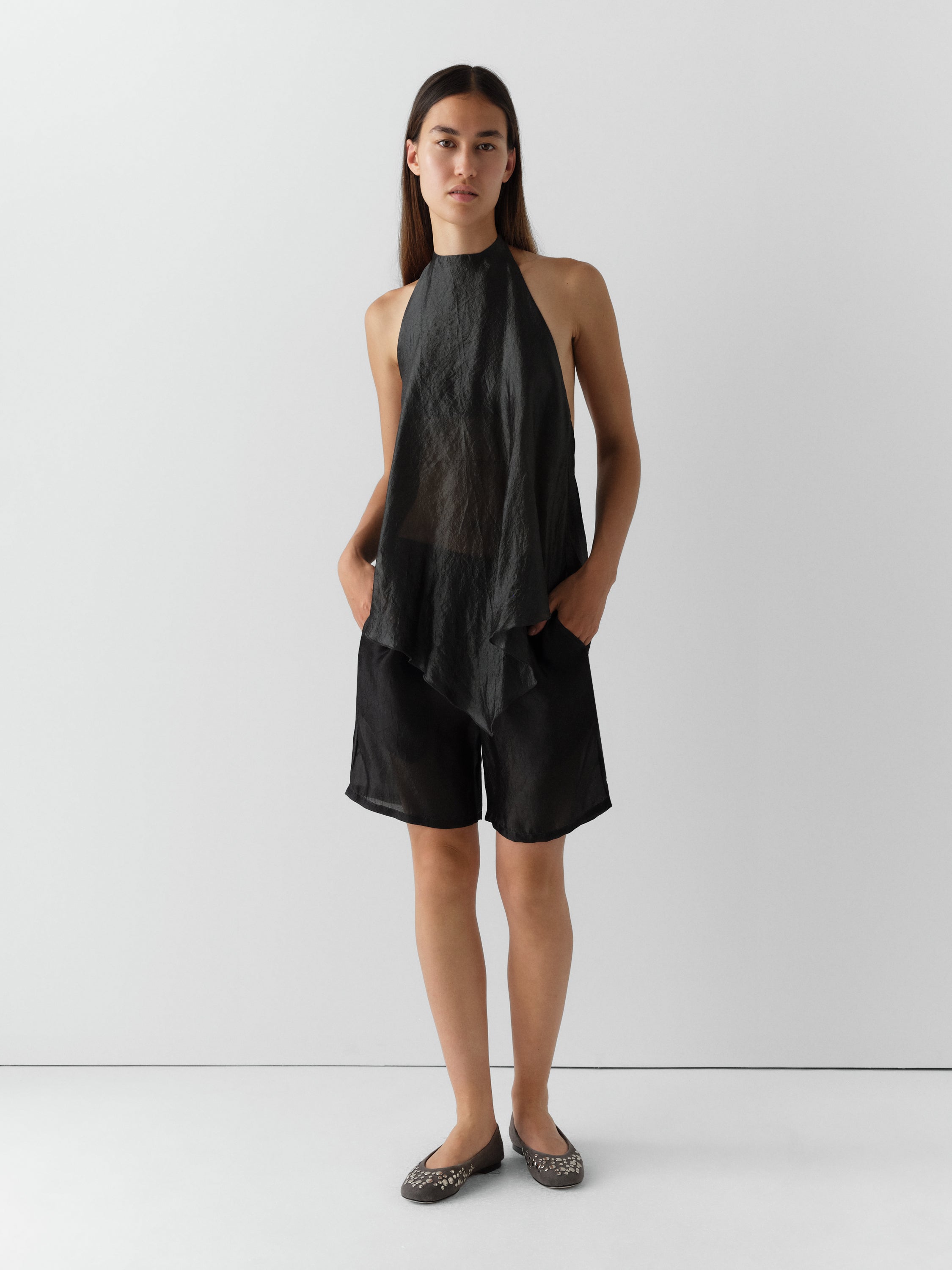 Women's Black Silk Halter Top Open Back. Gimaguas