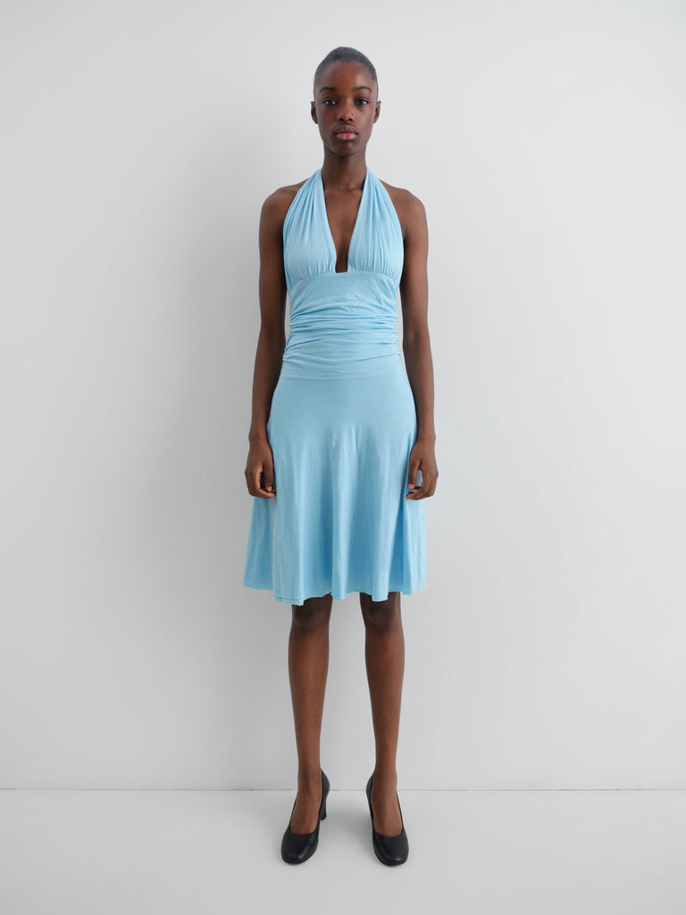Light blue halter-neck mini dress for women with ruched top – Gimaguas