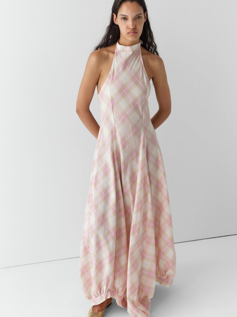pink check dress womens Pink Multi Check Print Banded V Neck Ruffle Sleeve Midi Dress