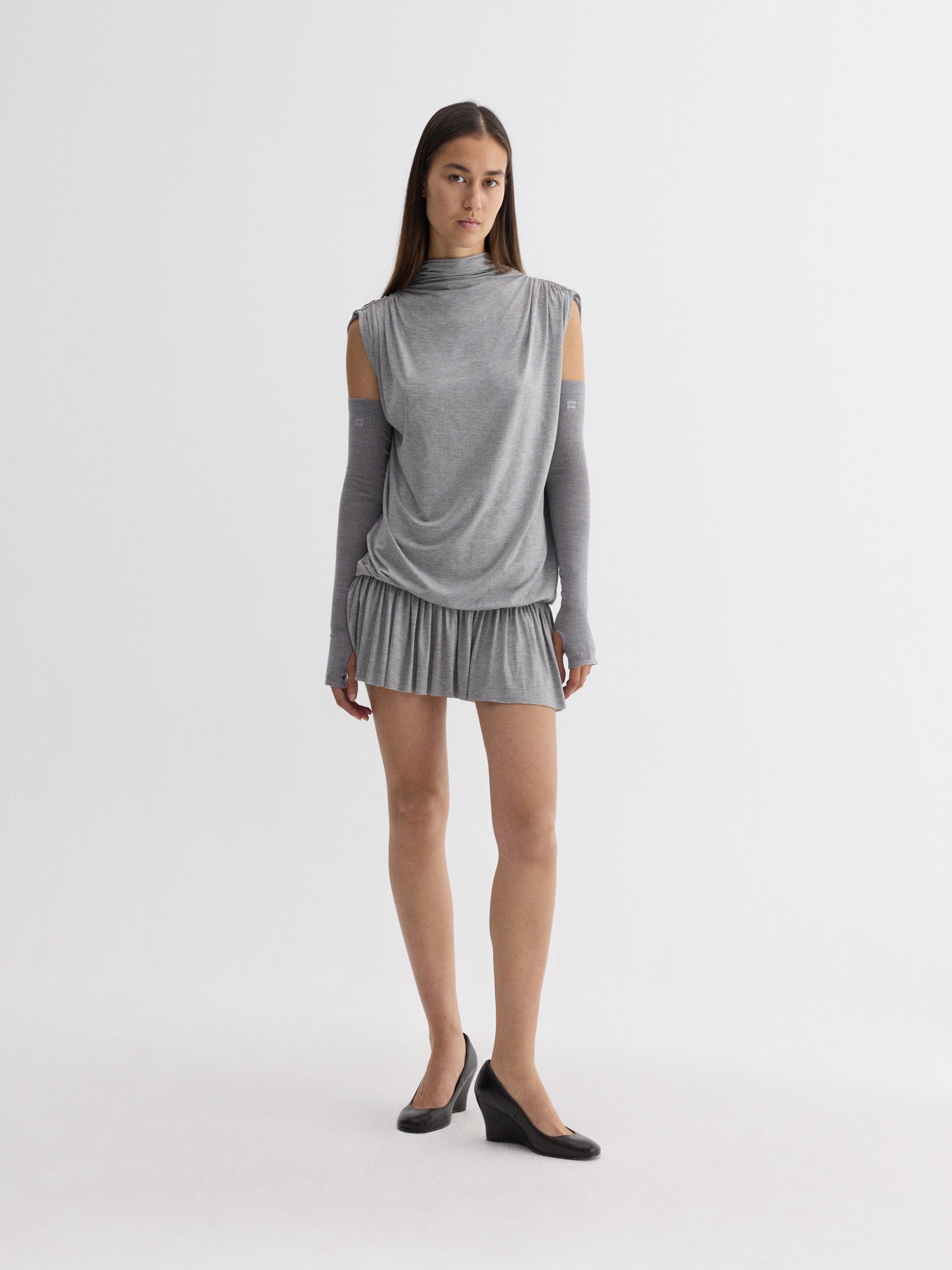 Grey Gathered Viscose Mini Dress with Pleated Hem – Gimaguas
