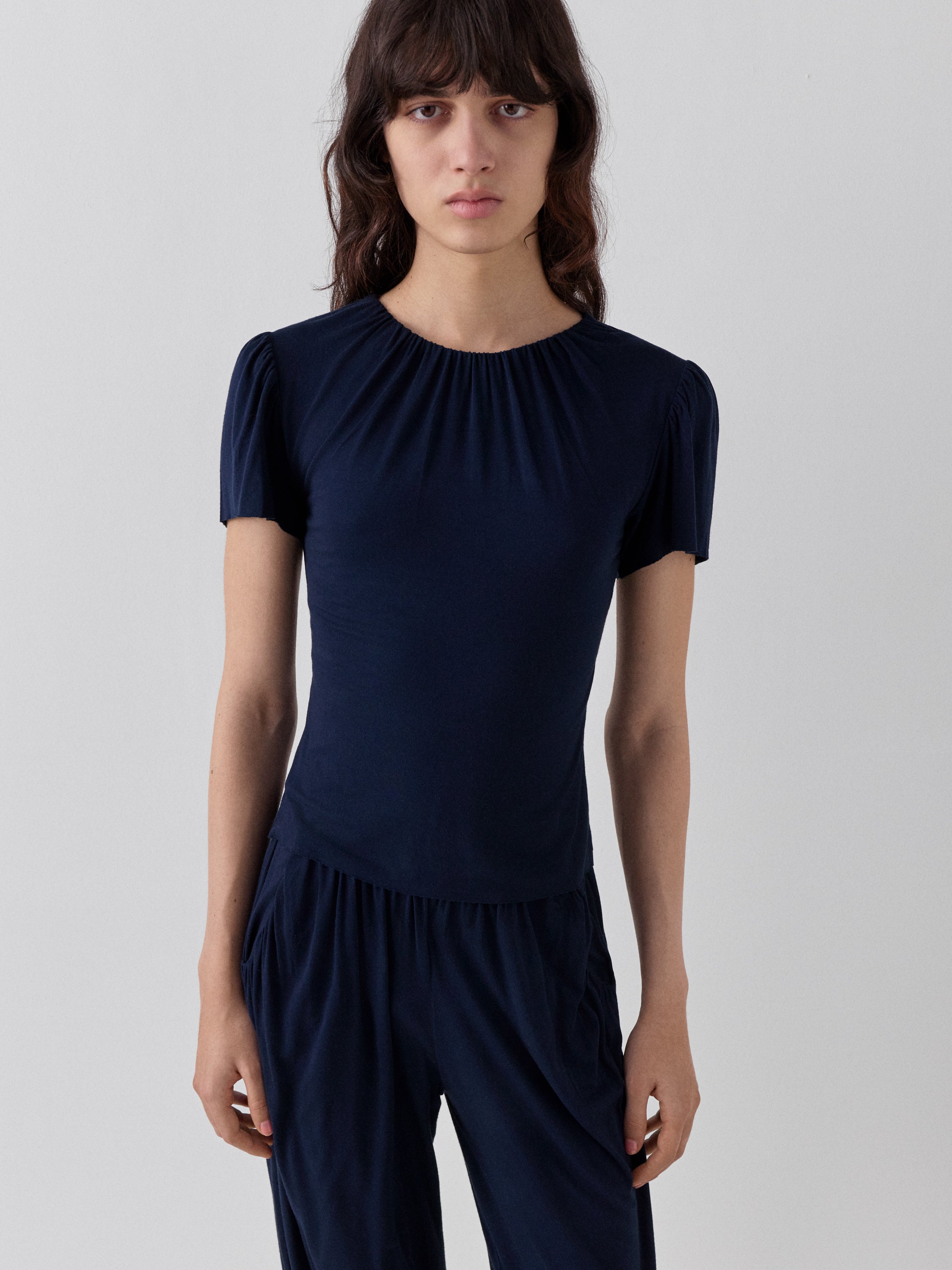 Blue Viscose Jersey Top with Gathered Neckline | Gimaguas