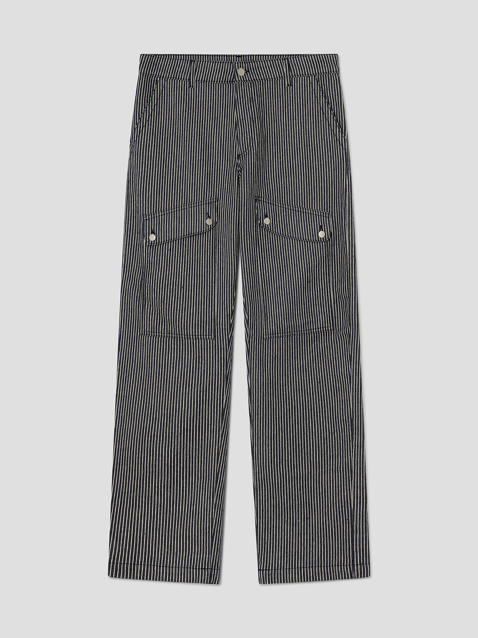 Unisex blue striped trousers with flap pockets and straight fit