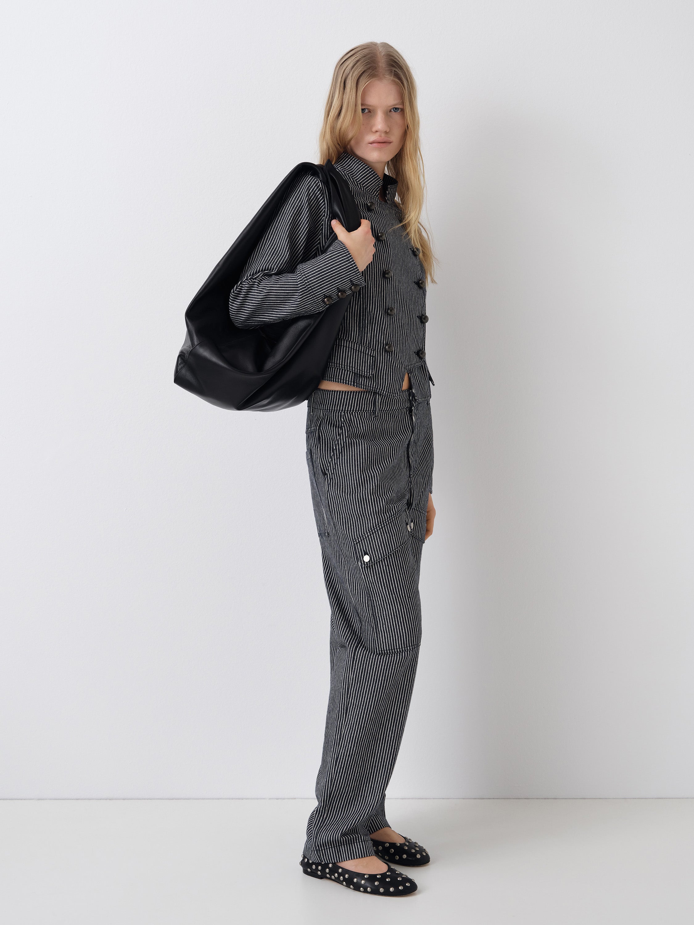 Unisex blue striped trousers with flap pockets and straight fit