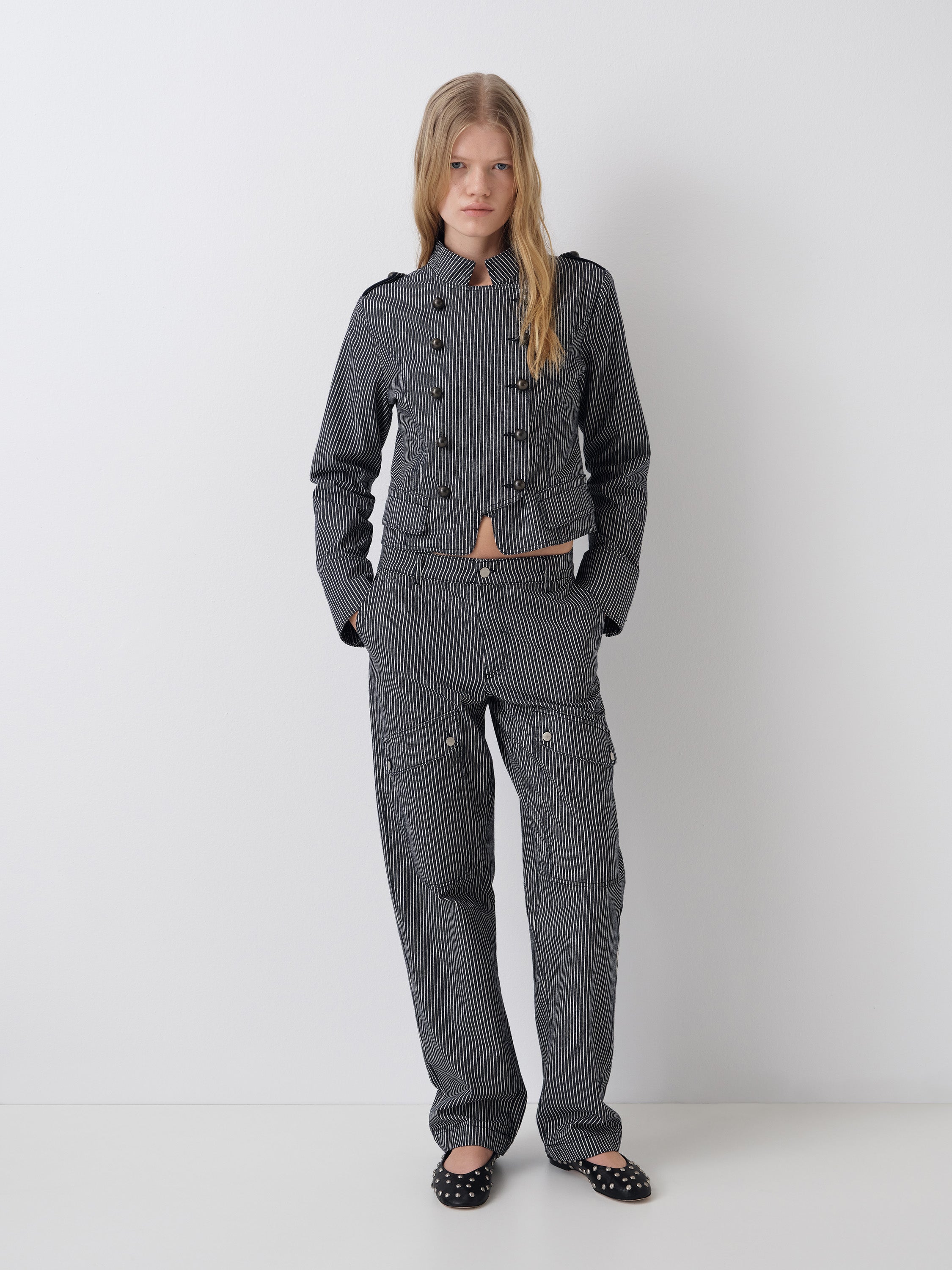 Unisex blue striped trousers with flap pockets and straight fit