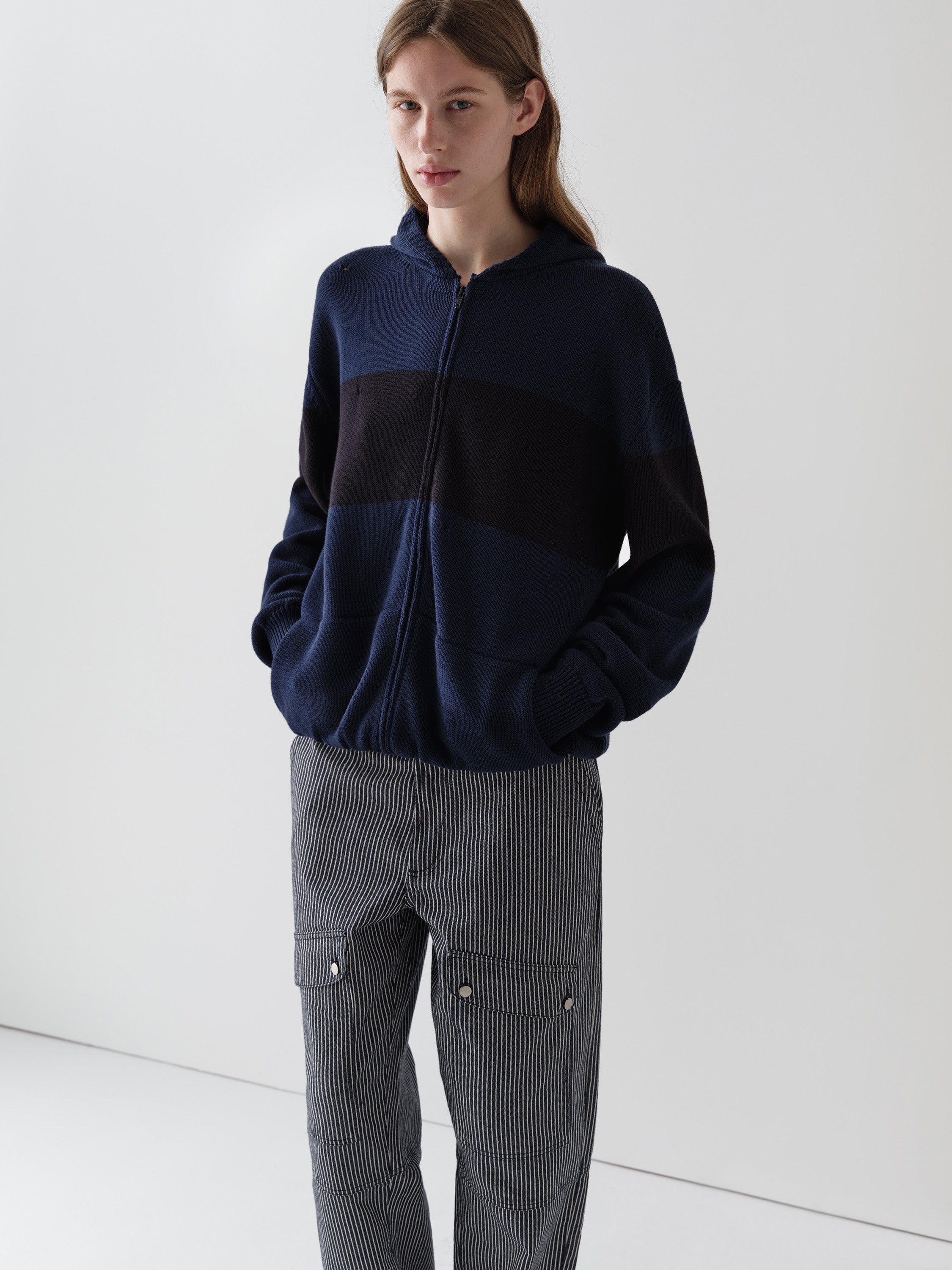 Unisex blue and black knit jacket with distressed finish – Gimaguas