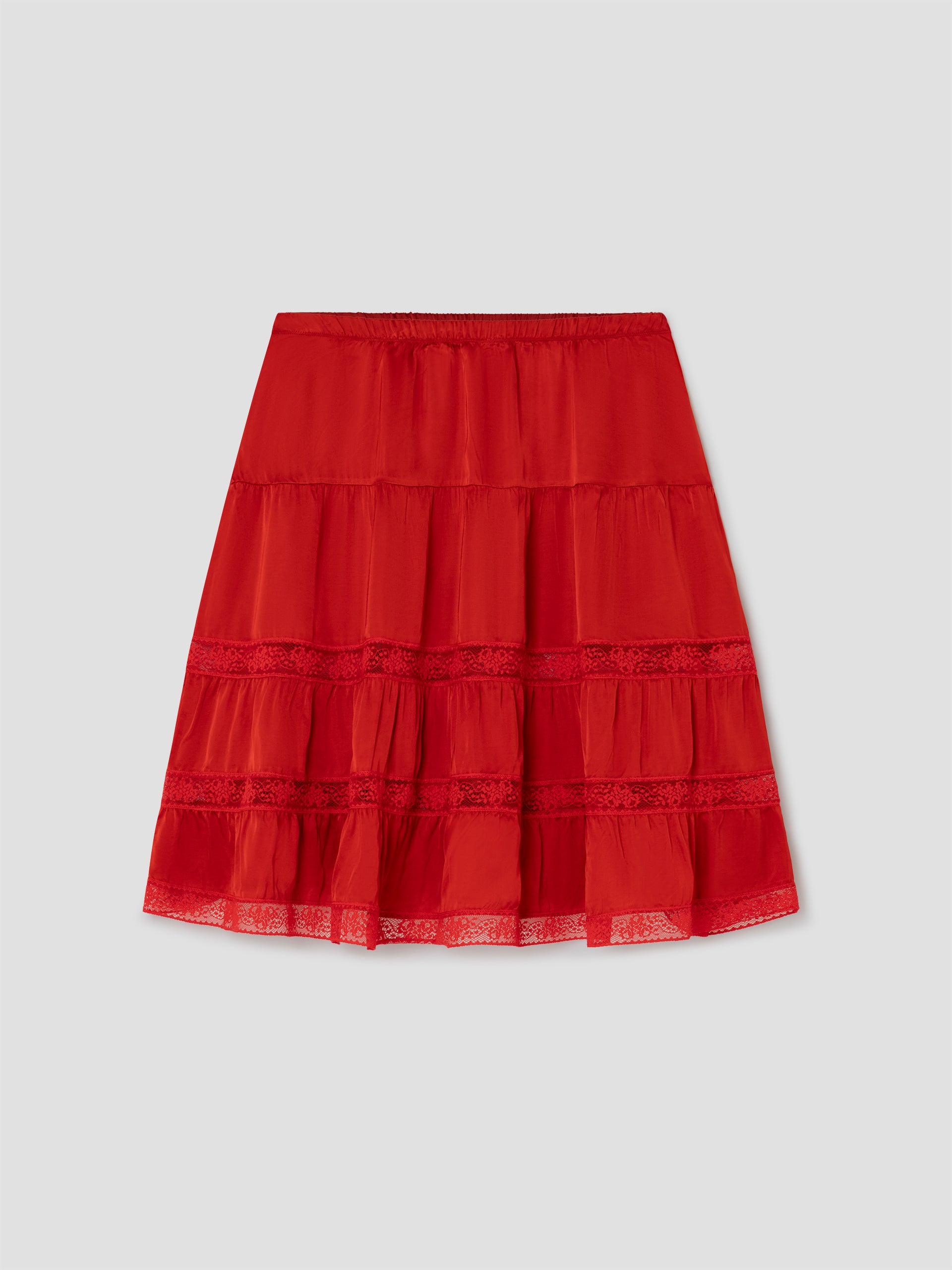 Red satin midi skirt for women with lace panels – Gimaguas