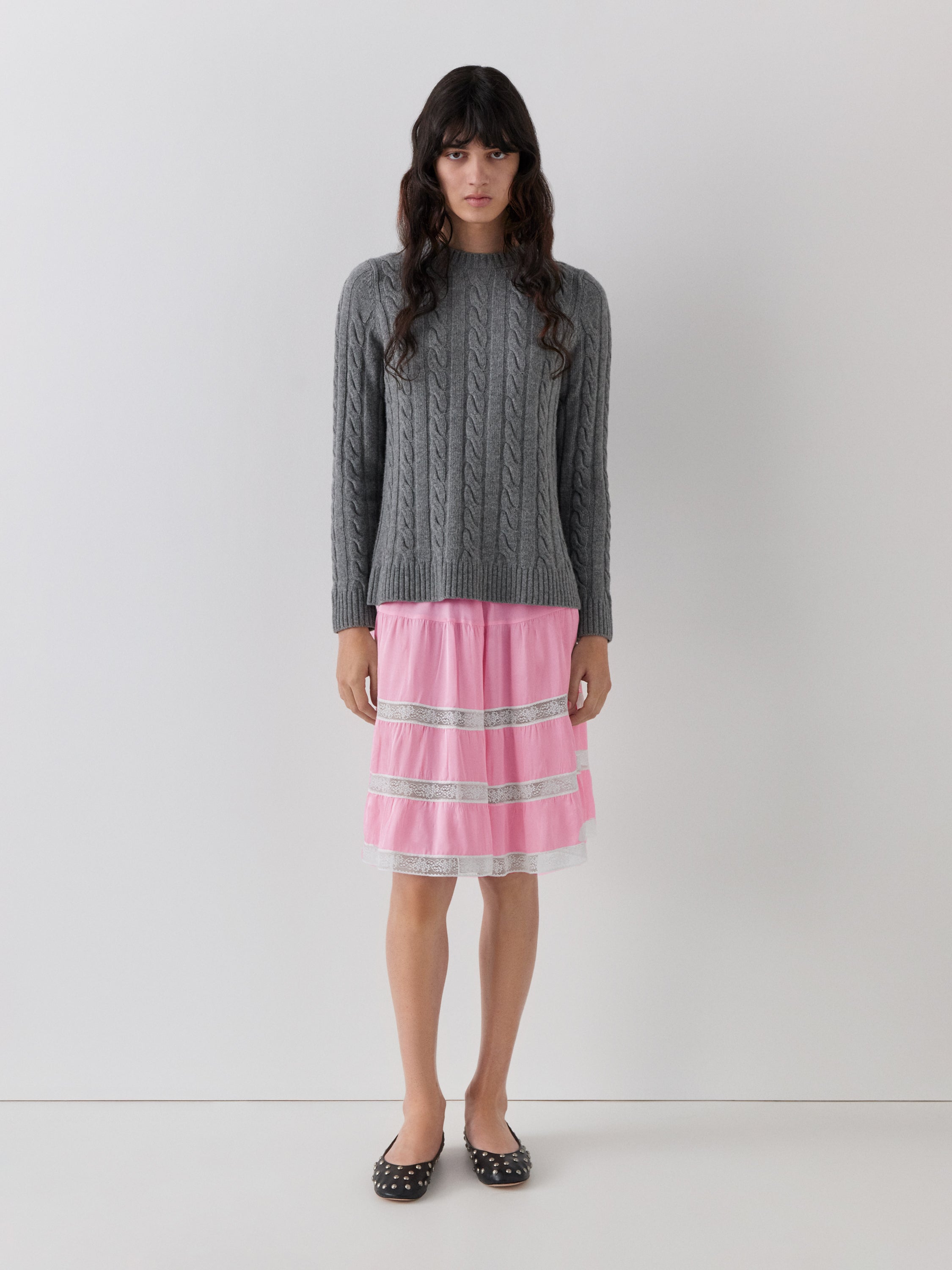 Pink Lace Tiered Satin Midi Skirt | Gimaguas