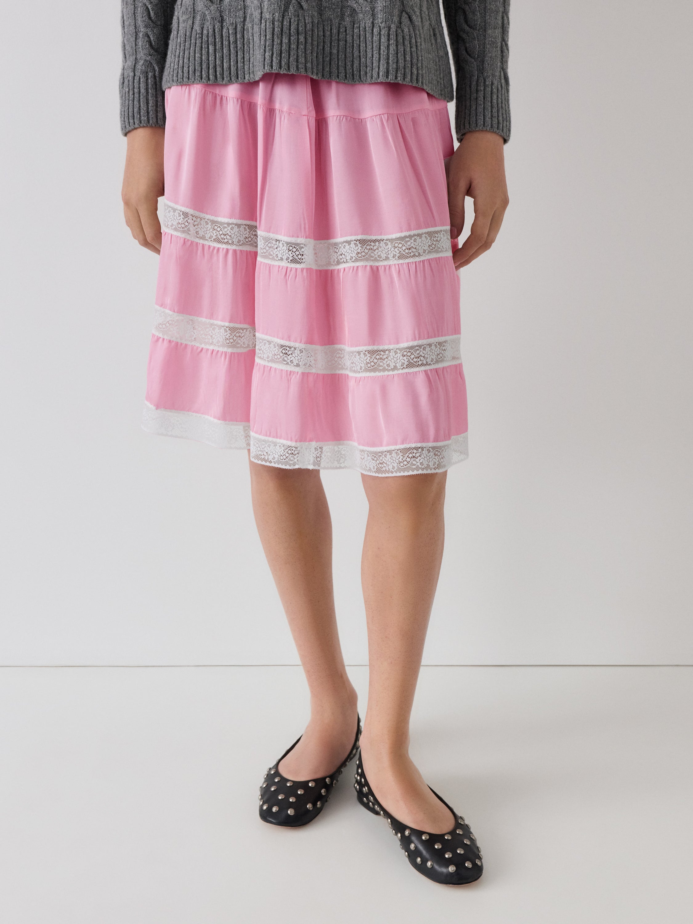 Pink Lace Tiered Satin Midi Skirt | Gimaguas