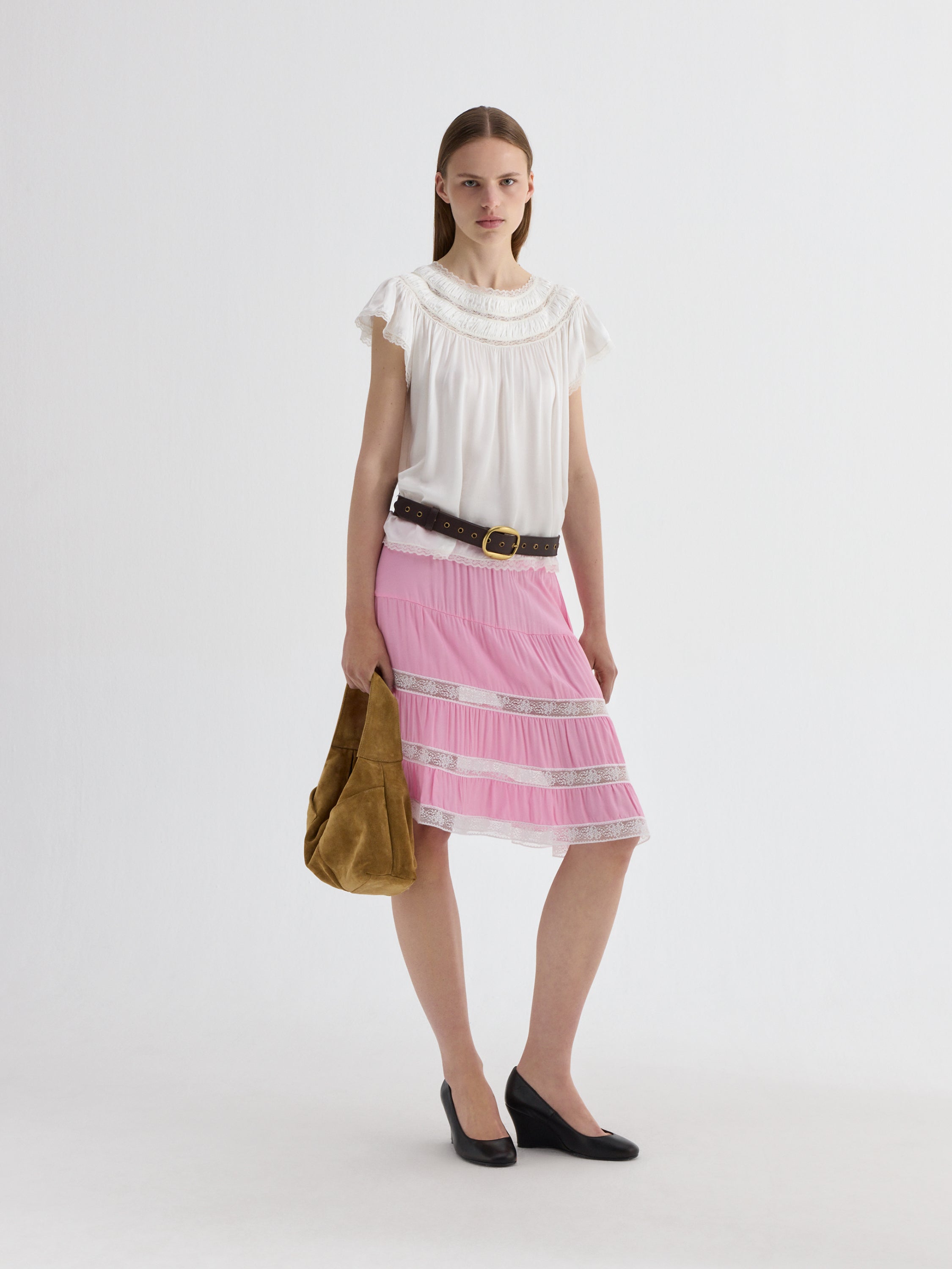 Pink Lace Tiered Satin Midi Skirt | Gimaguas