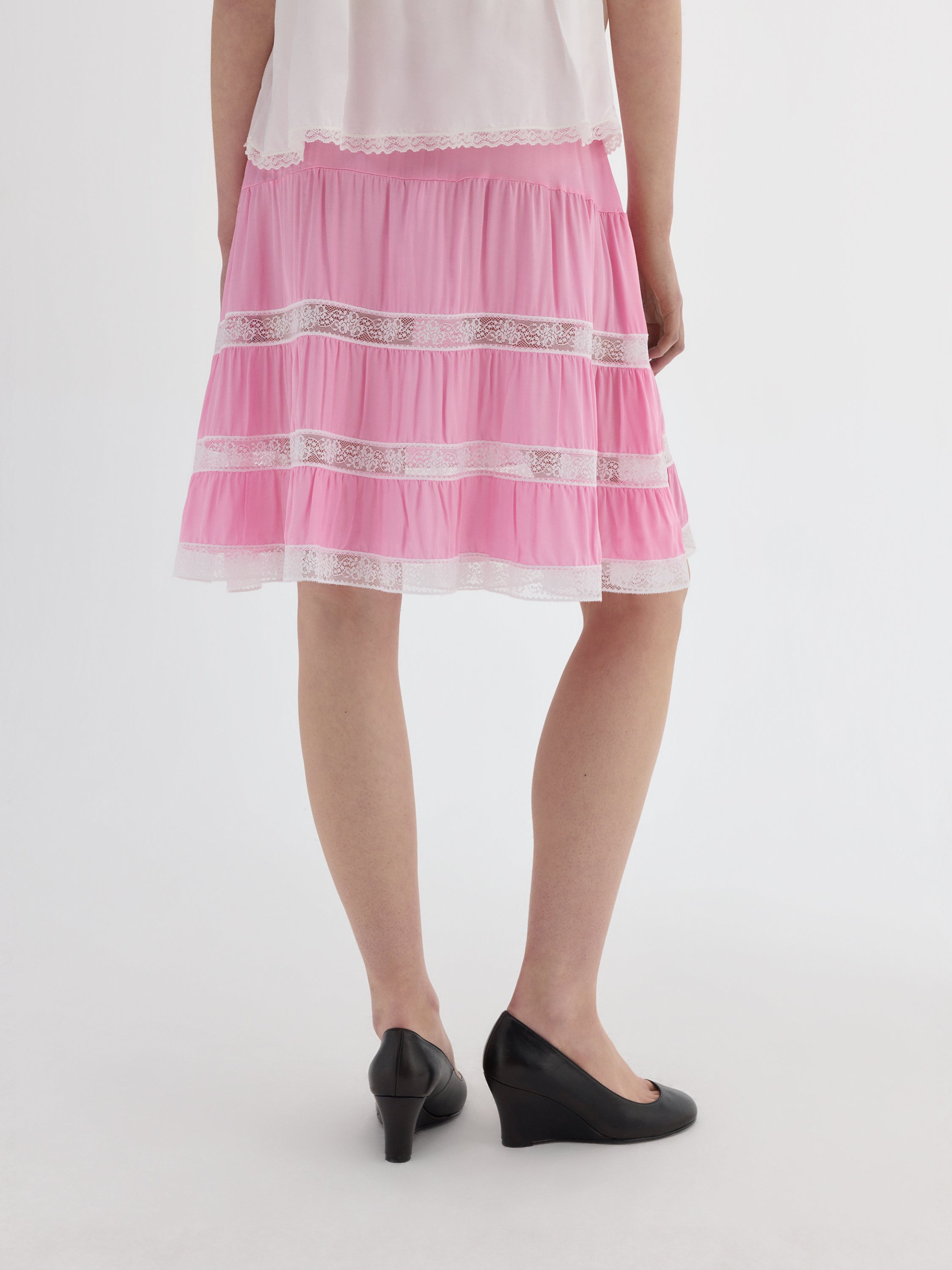 Pink Lace Tiered Satin Midi Skirt | Gimaguas