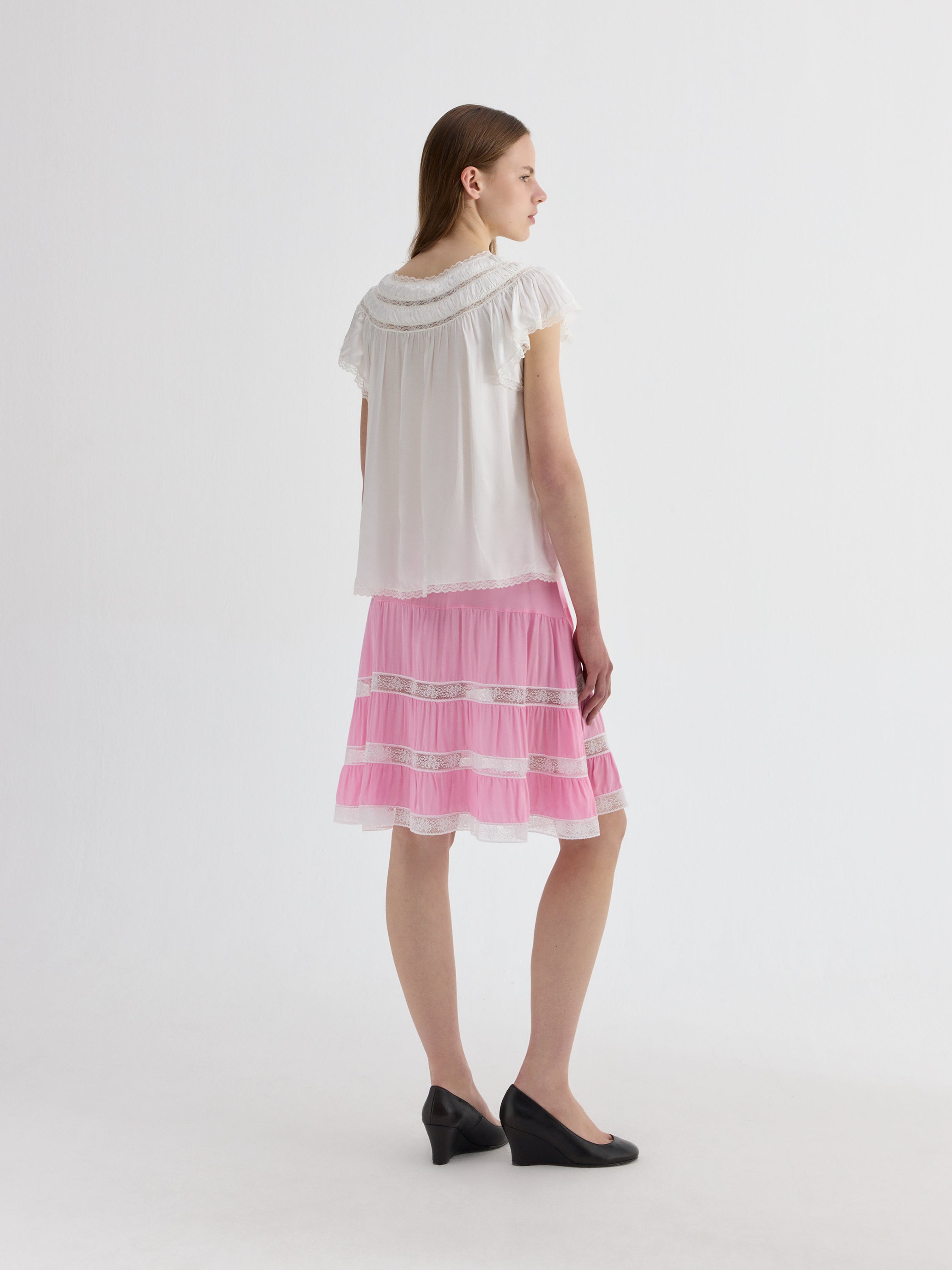 Pink Lace Tiered Satin Midi Skirt | Gimaguas