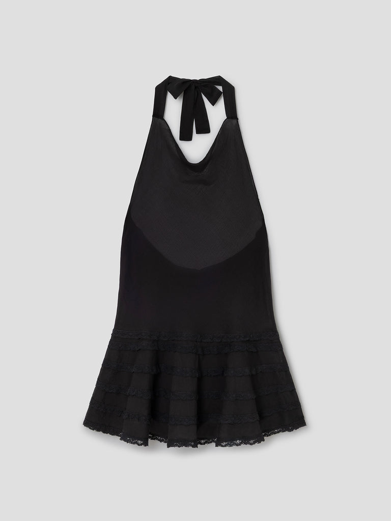 lace panel layered ruffle halter dress Women's Black Halter Mini Dress Lace Ruffles