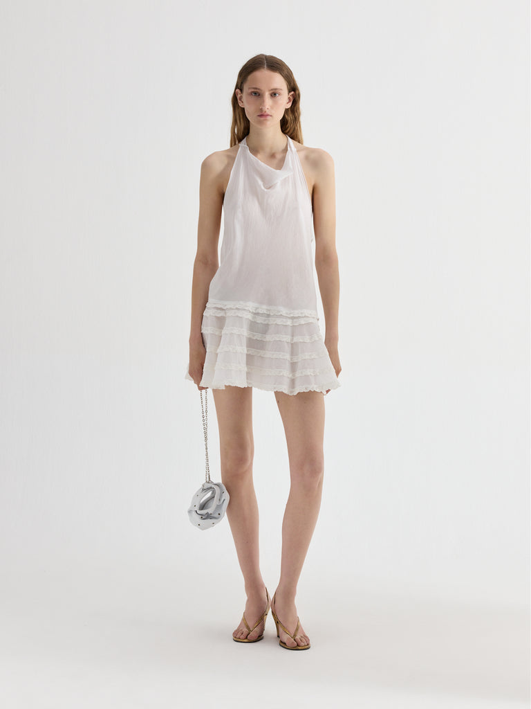 Women's White Halter Mini Dress Lace Ruffles Women's White Halter Mini Dress Lace Ruffles