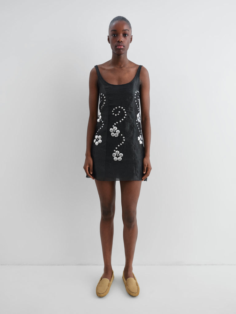 Black sleeveless mini dress for women with floral studs Gimaguas Black sleeveless mini dress for women with floral studs Gimaguas