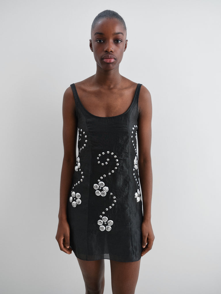 Black sleeveless mini dress for women with floral studs Gimaguas Black sleeveless mini dress for women with floral studs Gimaguas