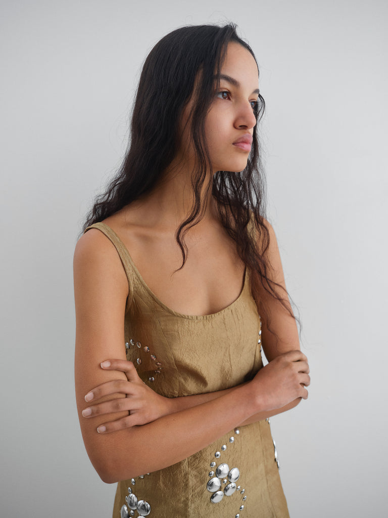 Gold sleeveless mini dress for women with floral studs Gimaguas Gold sleeveless mini dress for women with floral studs Gimaguas