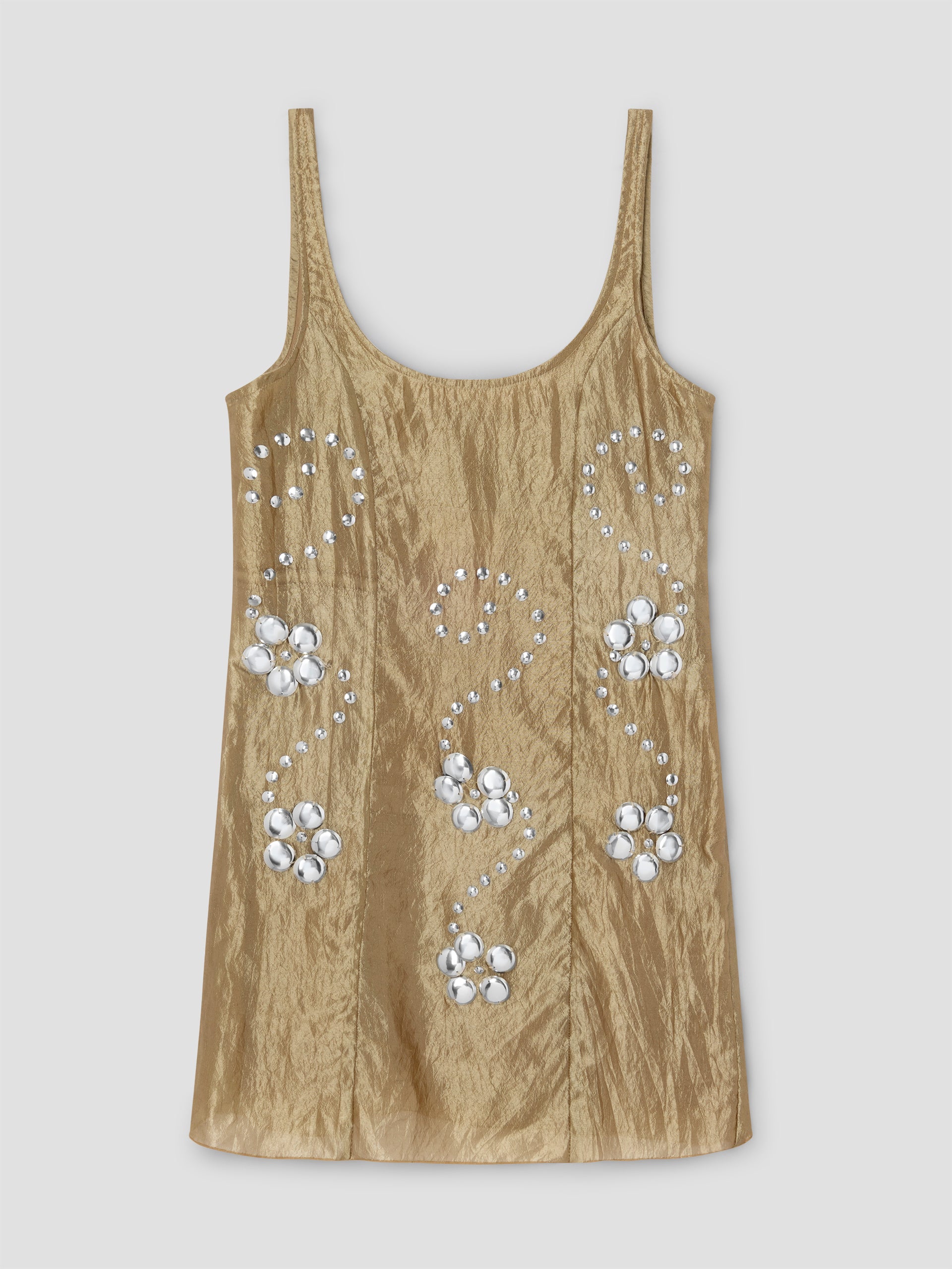 Gold sleeveless mini dress for women with floral studs